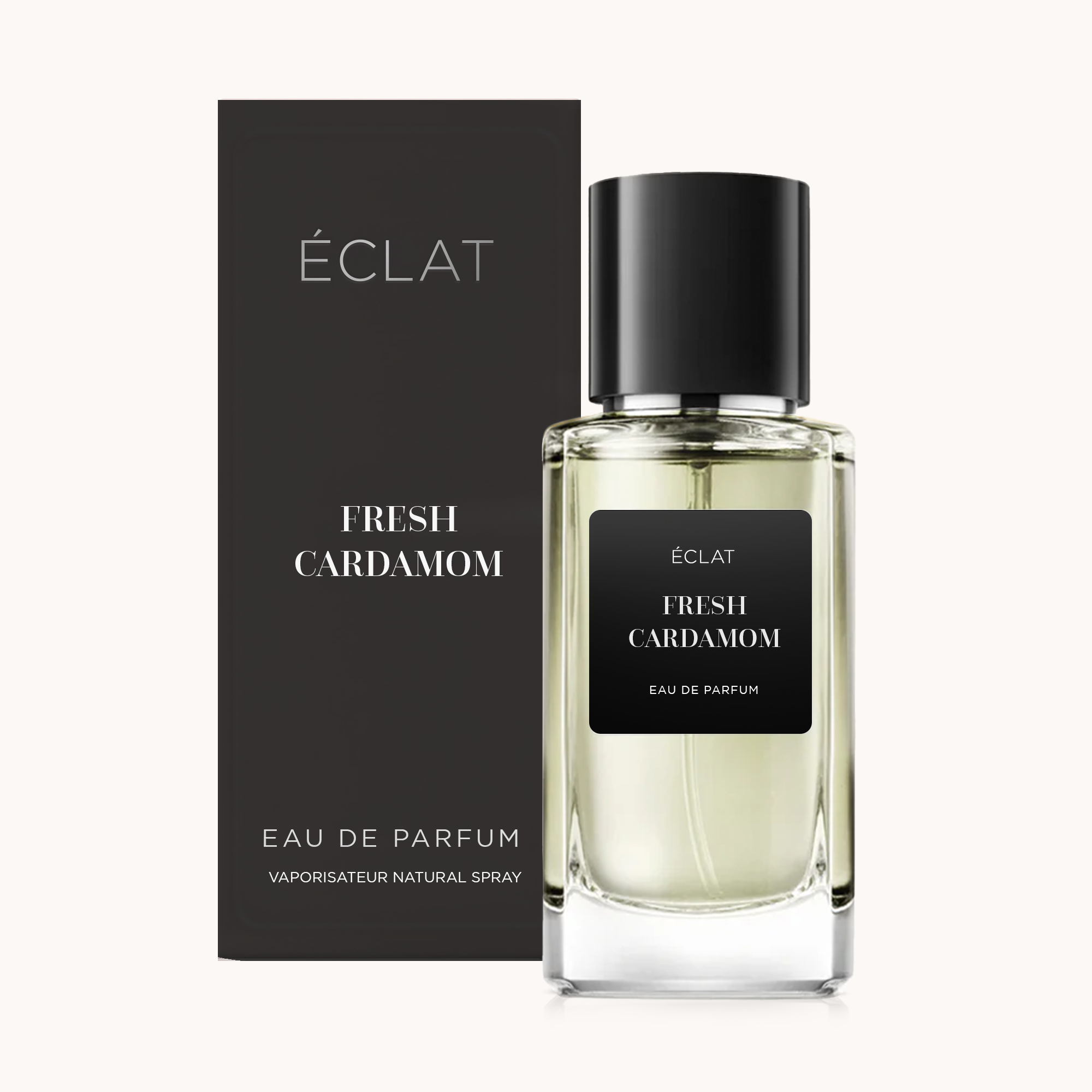 ÉCLAT Fresh Cardamom Parfümflakon mit schwarzem Etikett und Verschluss, daneben eine passende schwarze Schachtel.