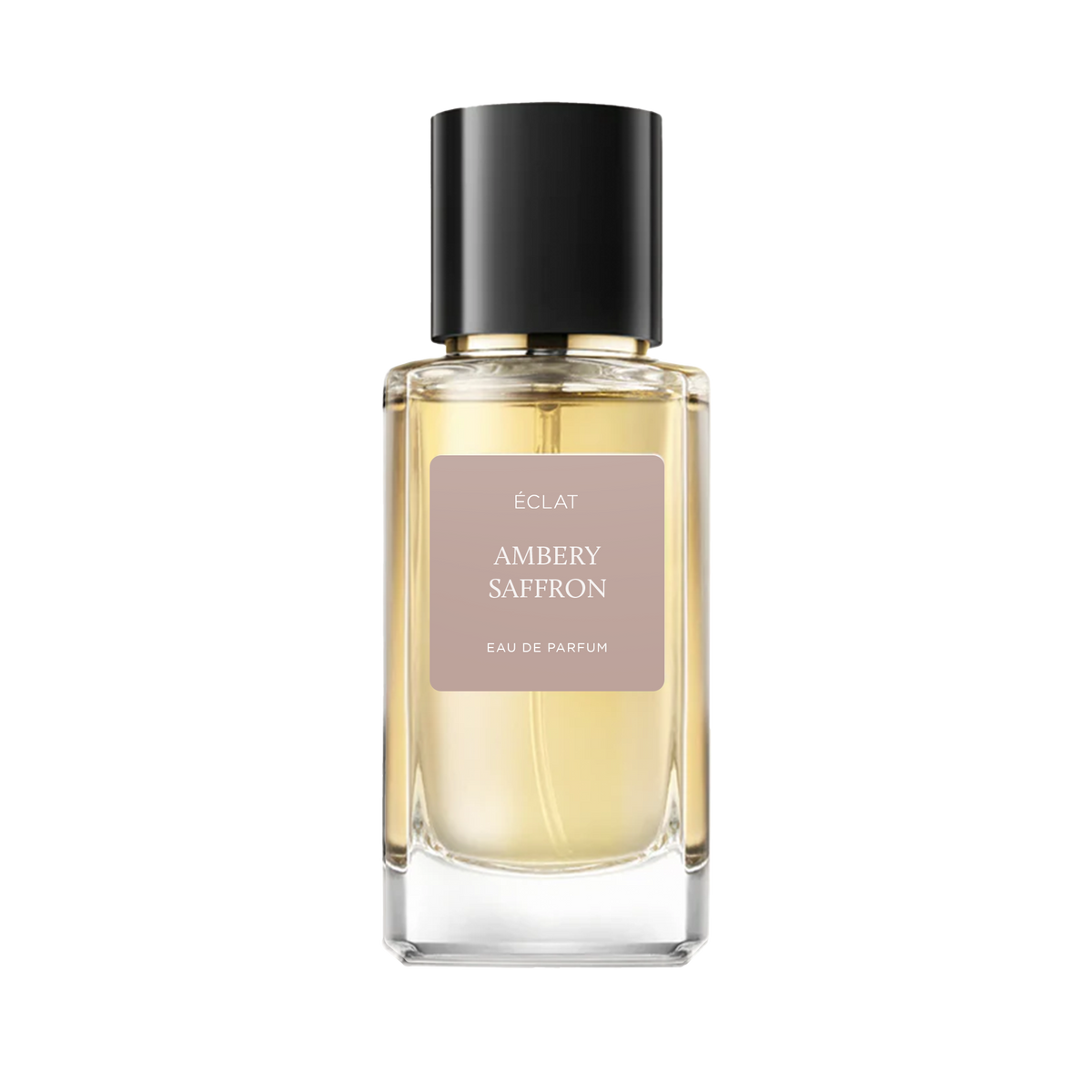 Facettierter Glasflakon von ÉCLAT Ambery Saffron mit schwarzem Verschluss und beigem Etikett.