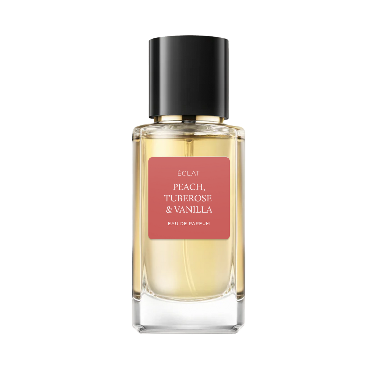 ÉCLAT Parfümflakon mit schwarzer Kappe und pfirsichfarbenem Etikett, das Pfirsich-, Tuberose- und Vanilleduft angibt.