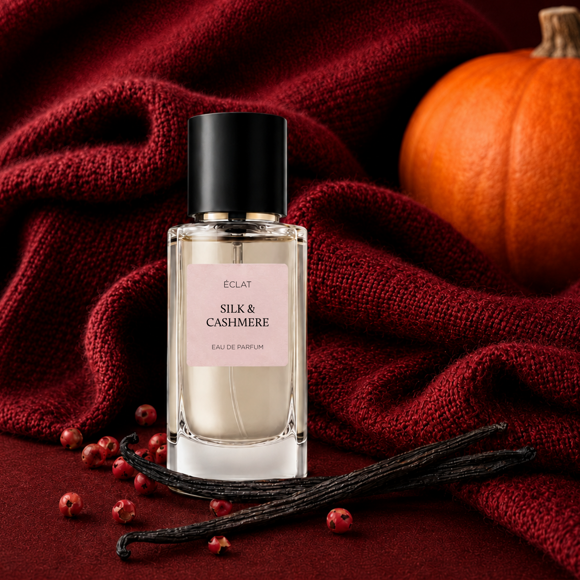 ÉCLAT Silk & Cashmere in einem facettierten Glasflakon mit schwarzem Verschluss, umgeben von rotem Stoff, Vanilleschoten, Beeren und einem Kürbis.