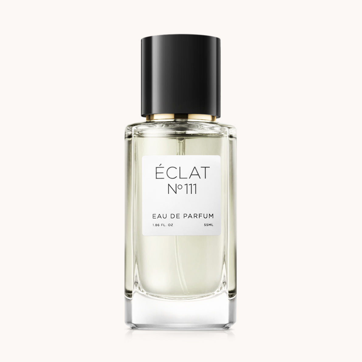 Flacon of the women's fragrance dupe ÉCLAT No. 111, an elegant transparent glass bottle with a black cylindrical magnetic cap and a white label. The label features the brand name ÉCLAT, the number 111, and the words “Eau de Parfum”.