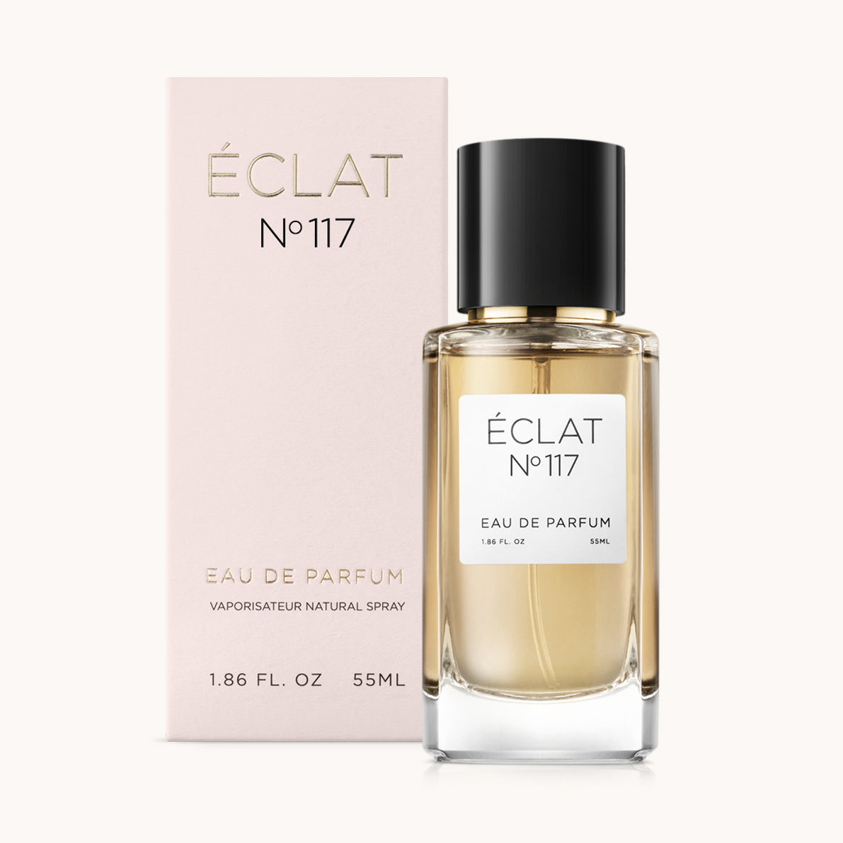 ÉCLAT No. 117 perfume bottle with matching light pink packaging. The elegant glass flacon features a black cylindrical magnetic cap and a simple white label with the inscription ÉCLAT No. 117 and “Eau de Parfum”.