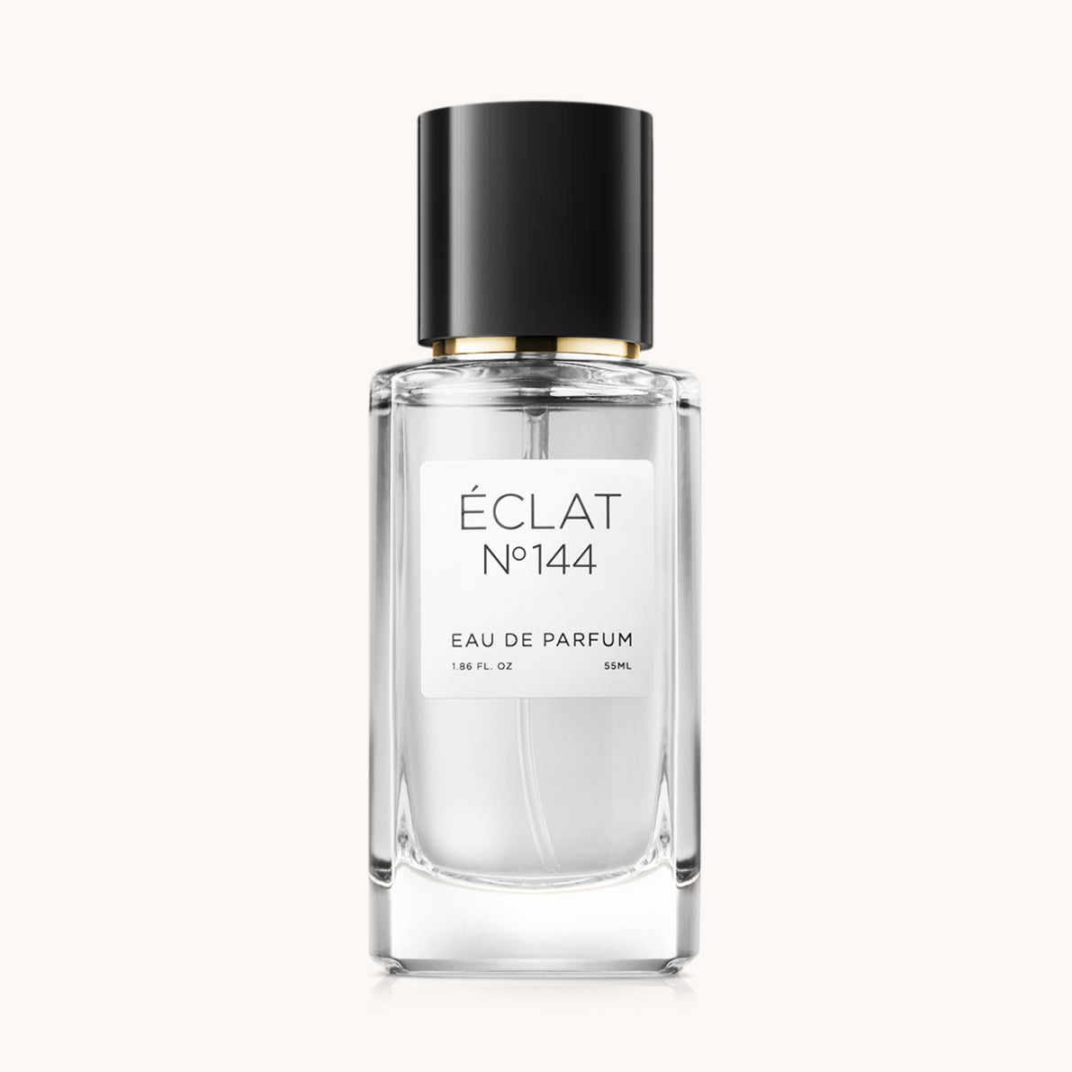 Flacon of the women's perfume dupe ÉCLAT No. 144, an elegant transparent glass bottle with a black cylindrical magnetic cap and a white label. The label features the brand name ÉCLAT, the number 144, and the words “Eau de Parfum”.