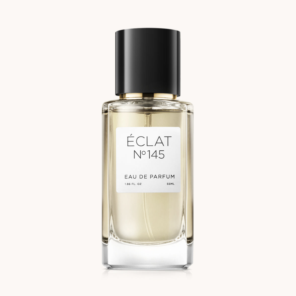 Flacon of the women's perfume dupe ÉCLAT No. 145 RAR, an elegant transparent glass bottle with a black cylindrical magnetic cap and a white label. The label features the brand name ÉCLAT, the number 145 RAR, and the words “Eau de Parfum”.