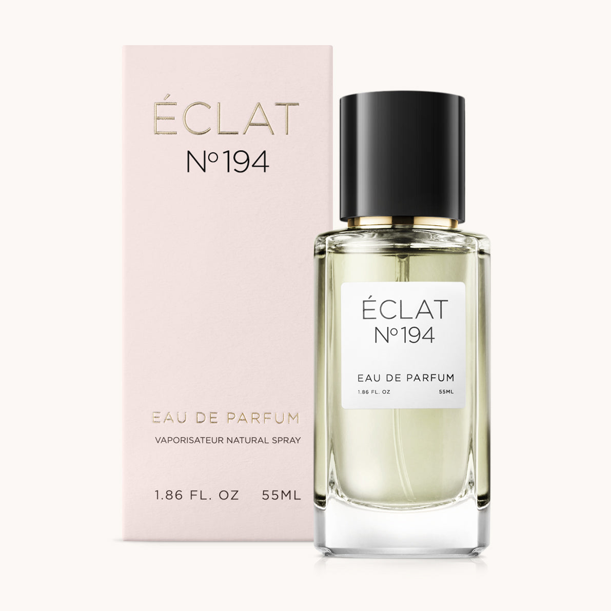 ÉCLAT No. 194 perfume bottle with matching light pink packaging. The elegant glass flacon features a black cylindrical magnetic cap and a simple white label with the inscription ÉCLAT No. 194 and “Eau de Parfum”.
