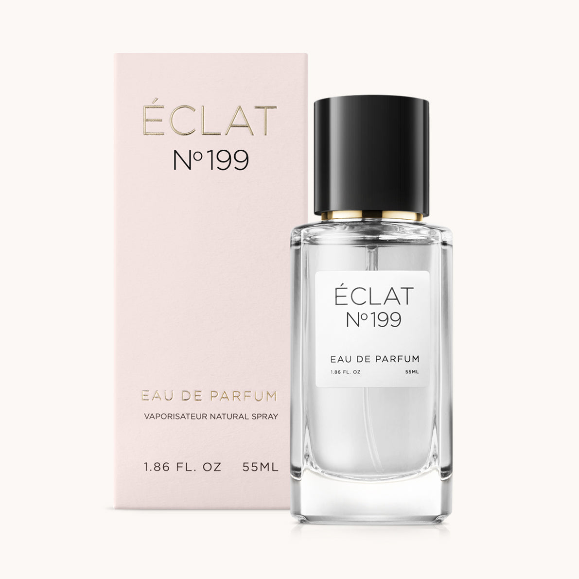 ÉCLAT No. 199 fragrance bottle with matching light pink packaging. The elegant glass flacon features a black cylindrical magnetic cap and a simple white label with the inscription ÉCLAT No. 199 and “Eau de Parfum”.