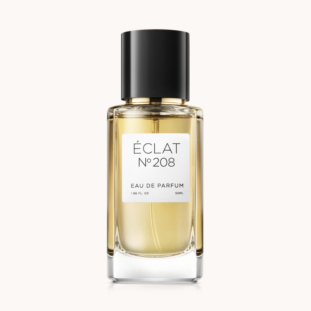 Flacon of the women's perfume dupe ÉCLAT No. 208, an elegant transparent glass bottle with a black cylindrical magnetic cap and a white label. The label features the brand name ÉCLAT, the number 208, and the words “Eau de Parfum”.