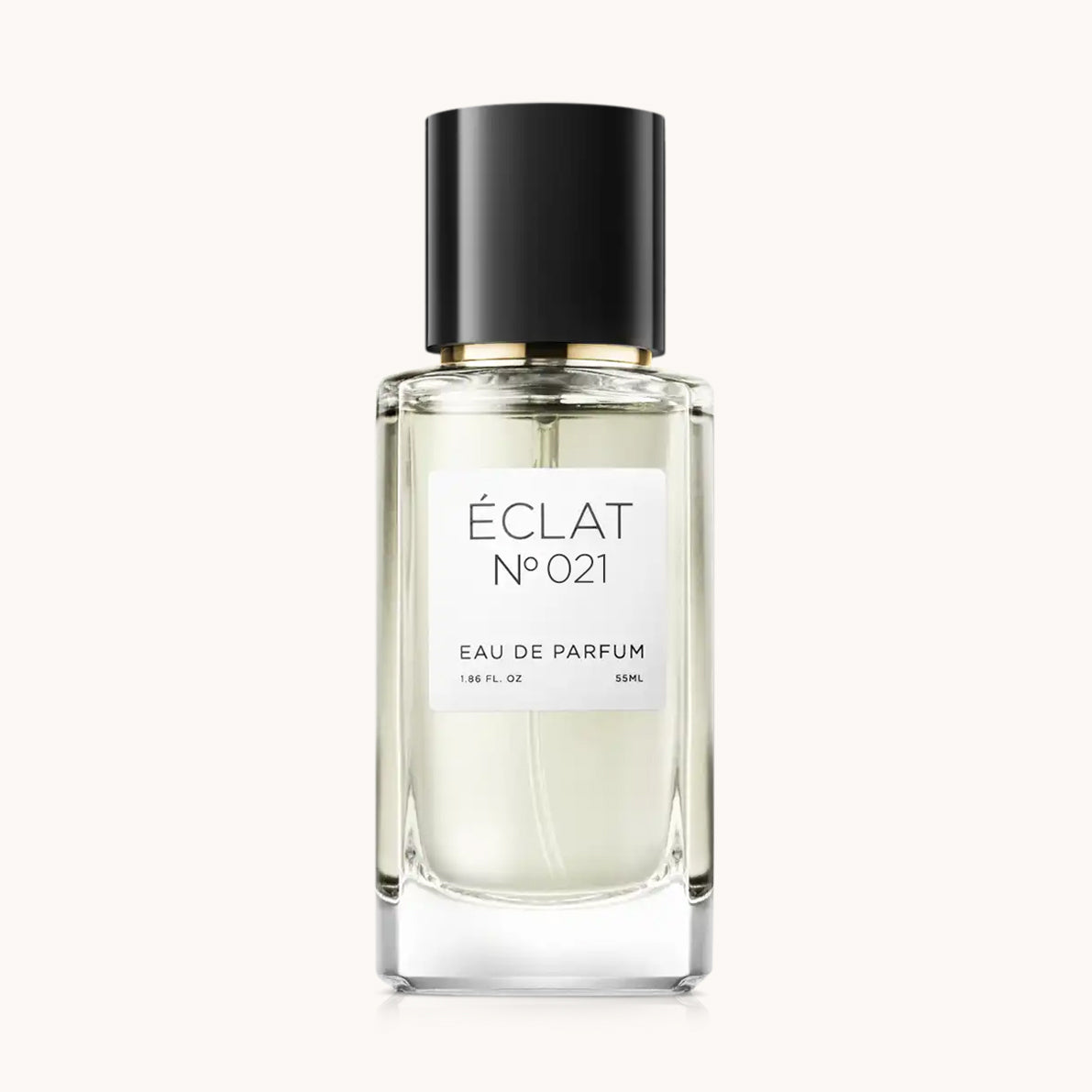 Flacon of the women's perfume dupe ÉCLAT No. 021 RAR, an elegant transparent glass bottle with a black cylindrical magnetic cap and a white label. The label features the brand name ÉCLAT, the number 021 RAR, and the words “Eau de Parfum”.