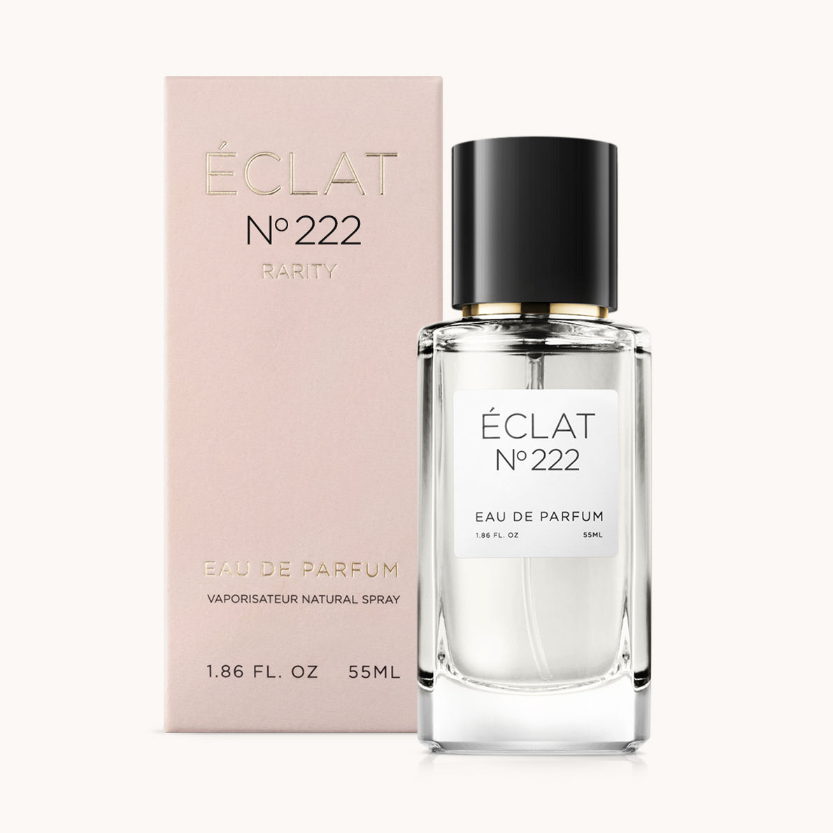ÉCLAT No. 222 RAR perfume bottle with matching pink packaging. The elegant glass flacon features a black cylindrical magnetic cap and a simple white label with the inscription ÉCLAT No. 222 RAR and “Eau de Parfum”.