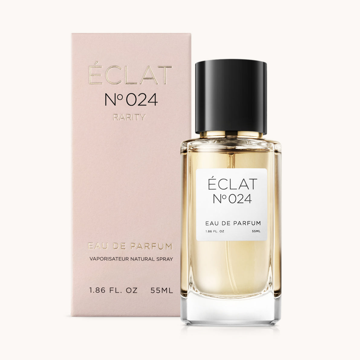 ÉCLAT No. 024 RAR perfume bottle with matching pink packaging. The elegant glass flacon features a black cylindrical magnetic cap and a simple white label with the inscription ÉCLAT No. 024 RAR and “Eau de Parfum”.