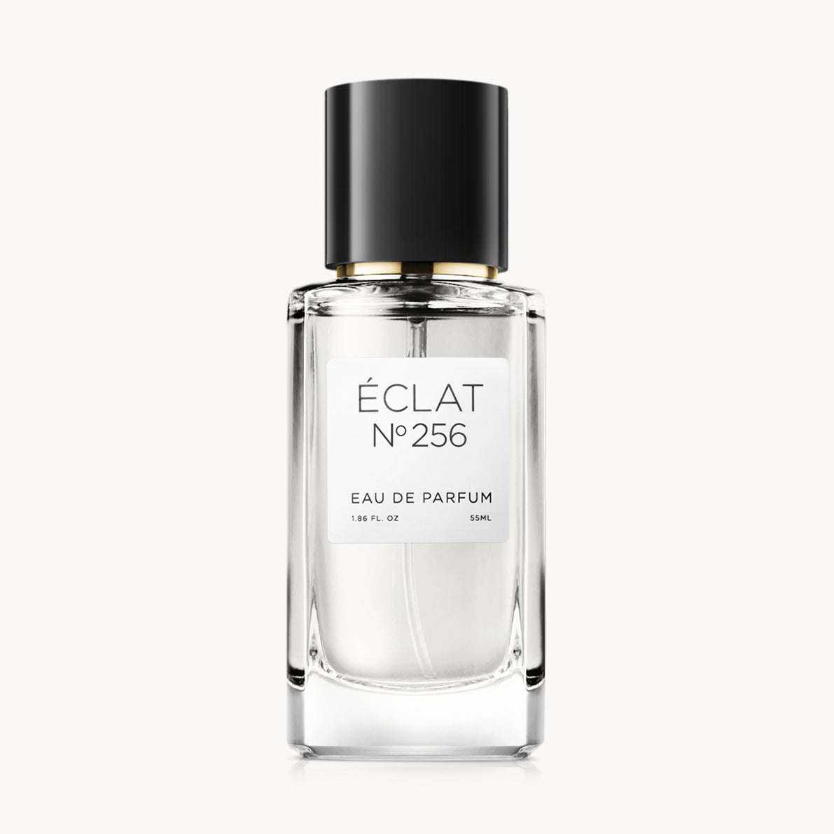 Flacon of the women's perfume dupe ÉCLAT No. 256 RAR, an elegant transparent glass bottle with a black cylindrical magnetic cap and a white label. The label features the brand name ÉCLAT, the number 256 RAR, and the words “Eau de Parfum”.