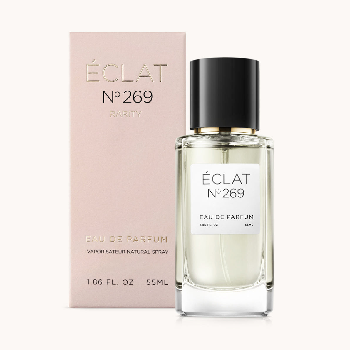 ÉCLAT No. 269 RAR perfume bottle with matching pink packaging. The elegant glass flacon features a black cylindrical magnetic cap and a simple white label with the inscription ÉCLAT No. 269 RAR and “Eau de Parfum”.