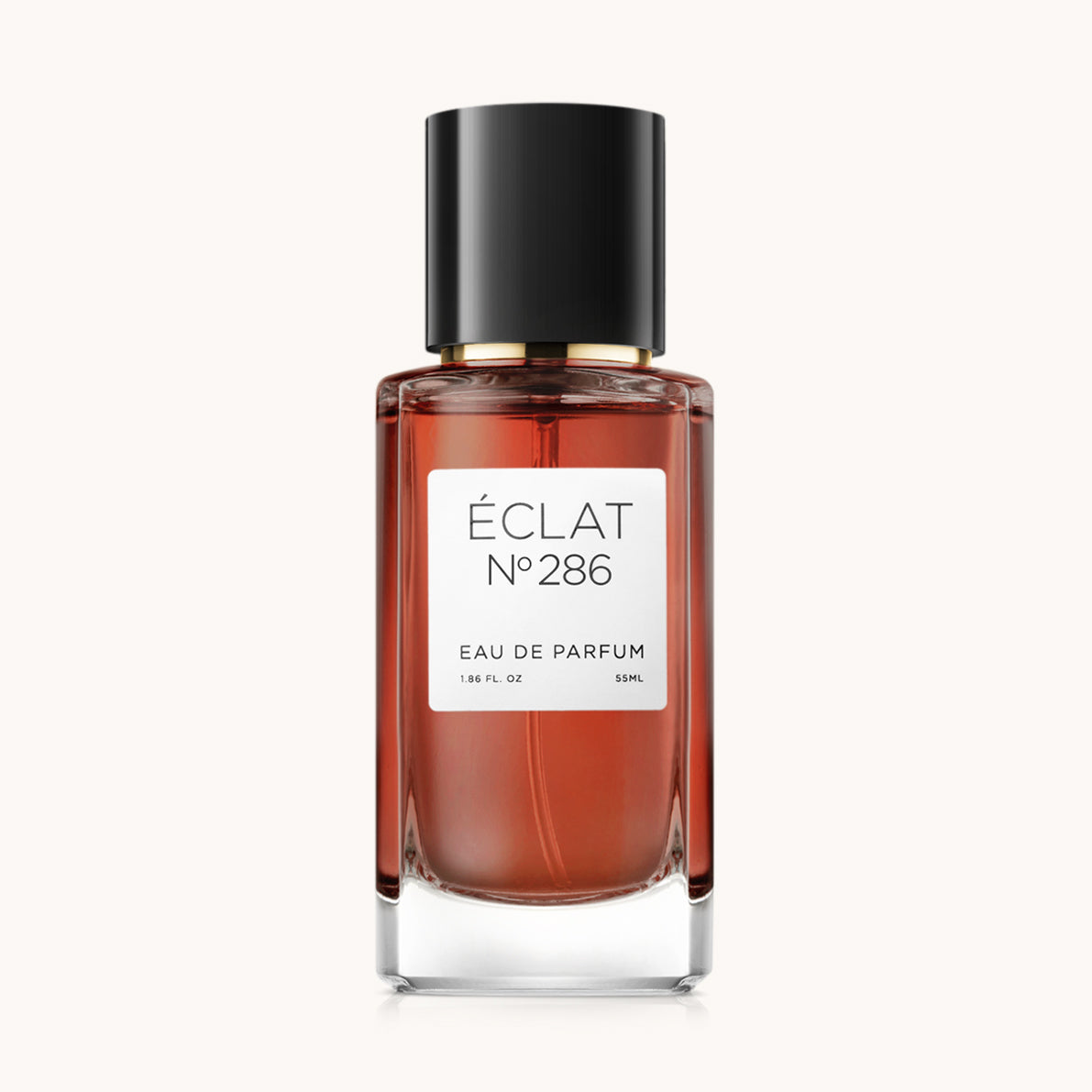 Flacon of the women's perfume dupe ÉCLAT No. 286 RAR, an elegant transparent glass bottle with a black cylindrical magnetic cap and a white label. The label features the brand name ÉCLAT, the number 286 RAR, and the words “Eau de Parfum”.