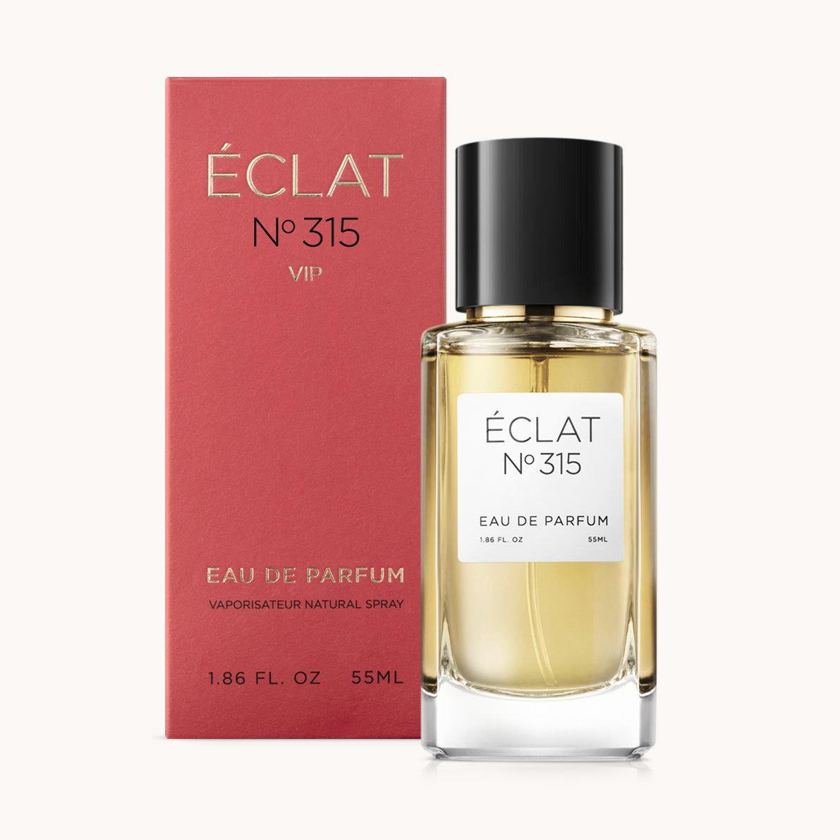 ÉCLAT No. 315 VIP perfume bottle with matching red packaging. The elegant glass flacon features a black cylindrical magnetic cap and a simple white label with the inscription ÉCLAT No. 315 VIP and “Eau de Parfum”.