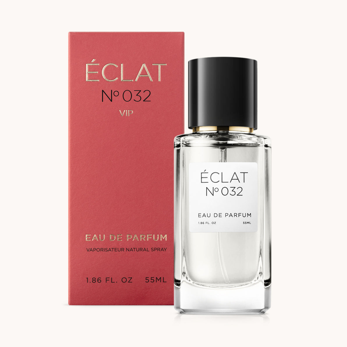 ÉCLAT No. 032 VIP perfume bottle with matching red packaging. The elegant glass flacon features a black cylindrical magnetic cap and a simple white label with the inscription ÉCLAT No. 032 VIP and “Eau de Parfum”.