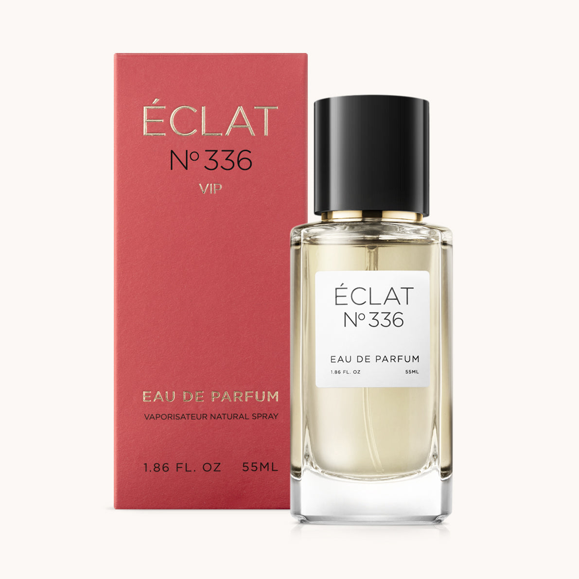 ÉCLAT No. 336 VIP perfume bottle with matching red packaging. The elegant glass flacon features a black cylindrical magnetic cap and a simple white label with the inscription ÉCLAT No. 336 VIP and “Eau de Parfum”.