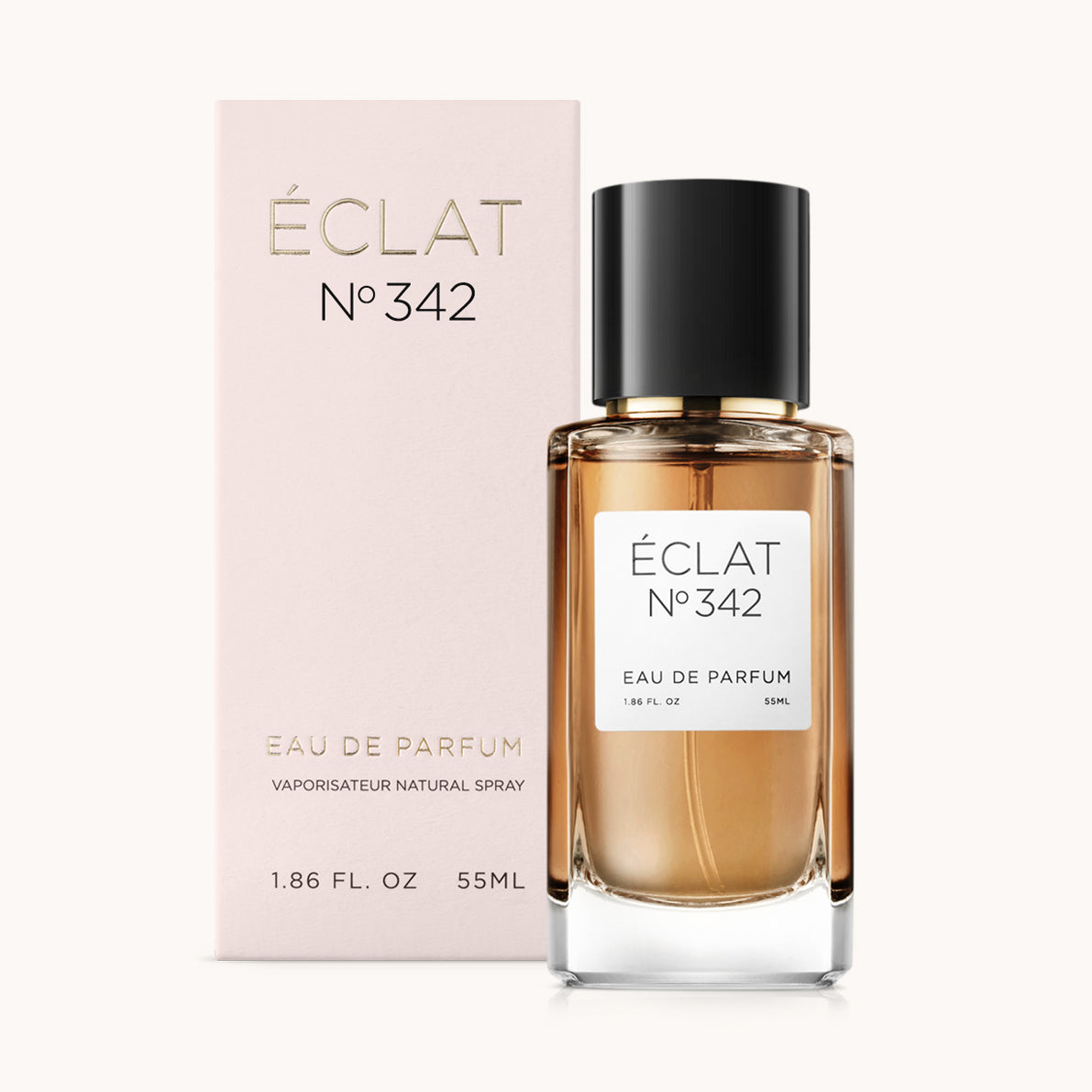 ÉCLAT No. 342 perfume bottle with matching light pink packaging. The elegant glass flacon features a black cylindrical magnetic cap and a simple white label with the inscription ÉCLAT No. 342 and “Eau de Parfum”.