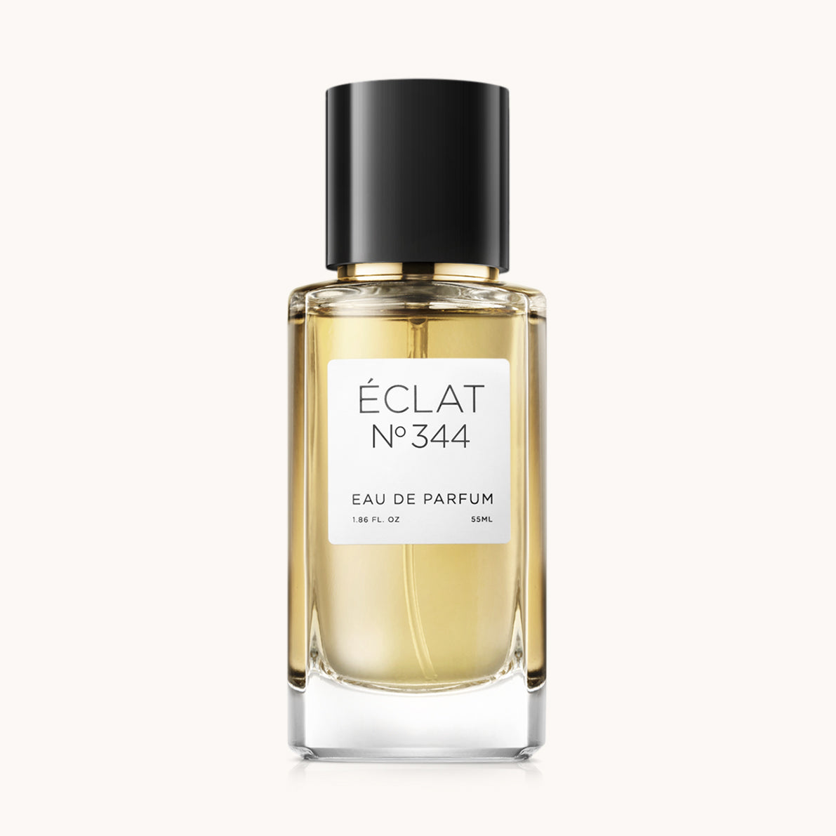 Flacon of the women's perfume dupe ÉCLAT No. 344, an elegant transparent glass bottle with a black cylindrical magnetic cap and a white label. The label features the brand name ÉCLAT, the number 344, and the words “Eau de Parfum”.