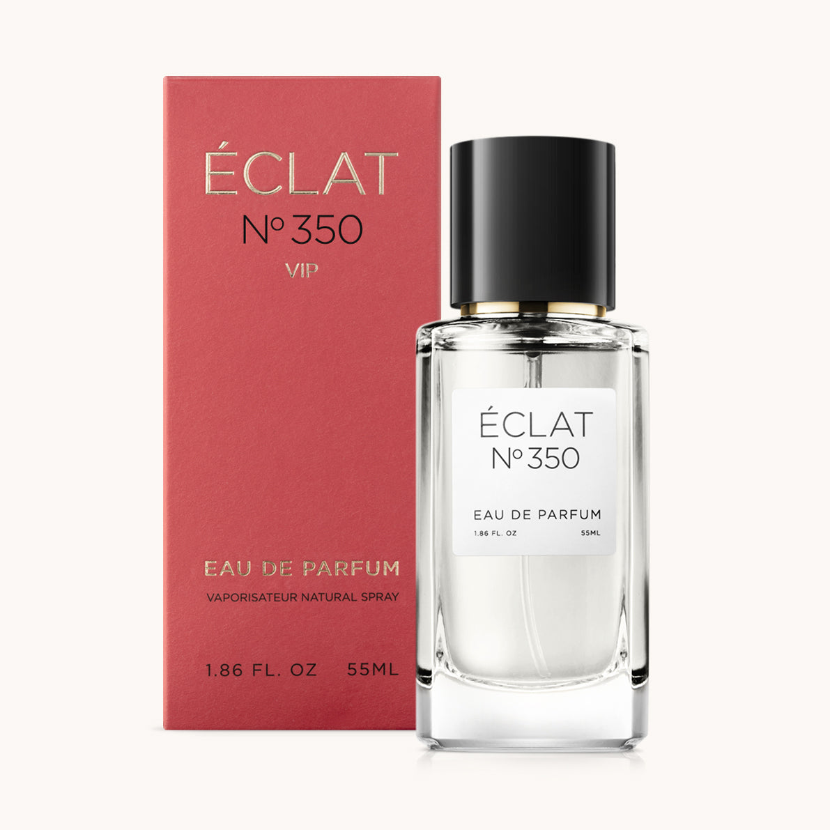 ÉCLAT No. 350 VIP perfume bottle with matching red packaging. The elegant glass flacon features a black cylindrical magnetic cap and a simple white label with the inscription ÉCLAT No. 350 VIP and “Eau de Parfum”.