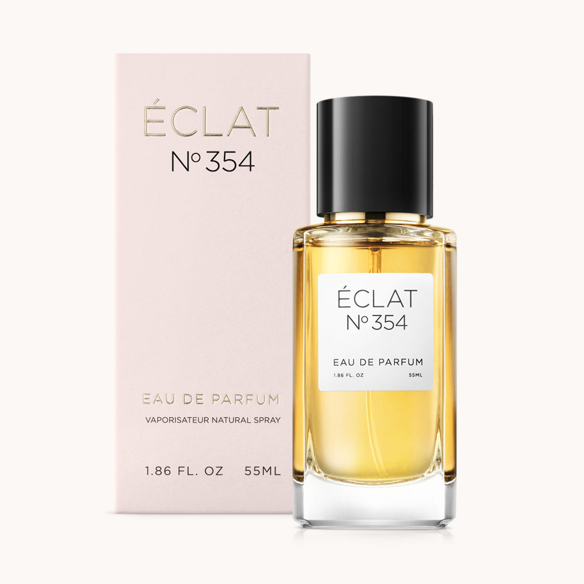 ÉCLAT No. 354 perfume bottle with matching light pink packaging. The elegant glass flacon features a black cylindrical magnetic cap and a simple white label with the inscription ÉCLAT No. 354 and “Eau de Parfum”.