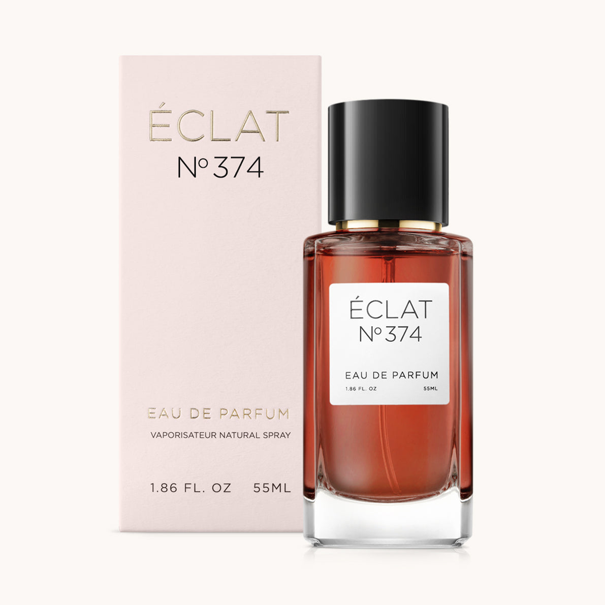 ÉCLAT No. 374 perfume bottle with matching light pink packaging. The elegant glass flacon features a black cylindrical magnetic cap and a simple white label with the inscription ÉCLAT No. 374 and “Eau de Parfum”.