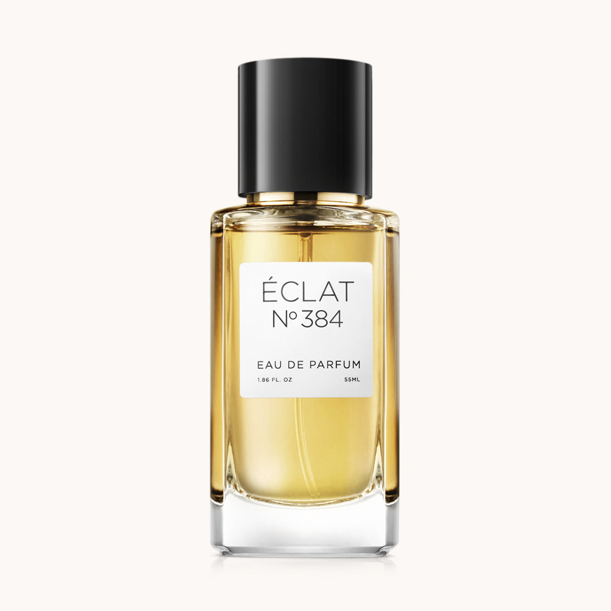 Flacon of the women's perfume dupe ÉCLAT No. 384 VIP, an elegant transparent glass bottle with a black cylindrical magnetic cap and a white label. The label features the brand name ÉCLAT, the number 384 VIP, and the words “Eau de Parfum”.
