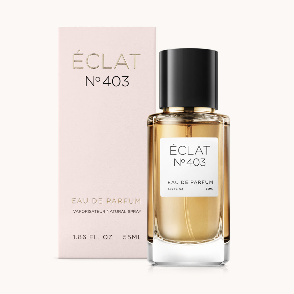ÉCLAT No. 403 perfume bottle with matching light pink packaging. The elegant glass flacon features a black cylindrical magnetic cap and a simple white label with the inscription ÉCLAT No. 403 and “Eau de Parfum”.