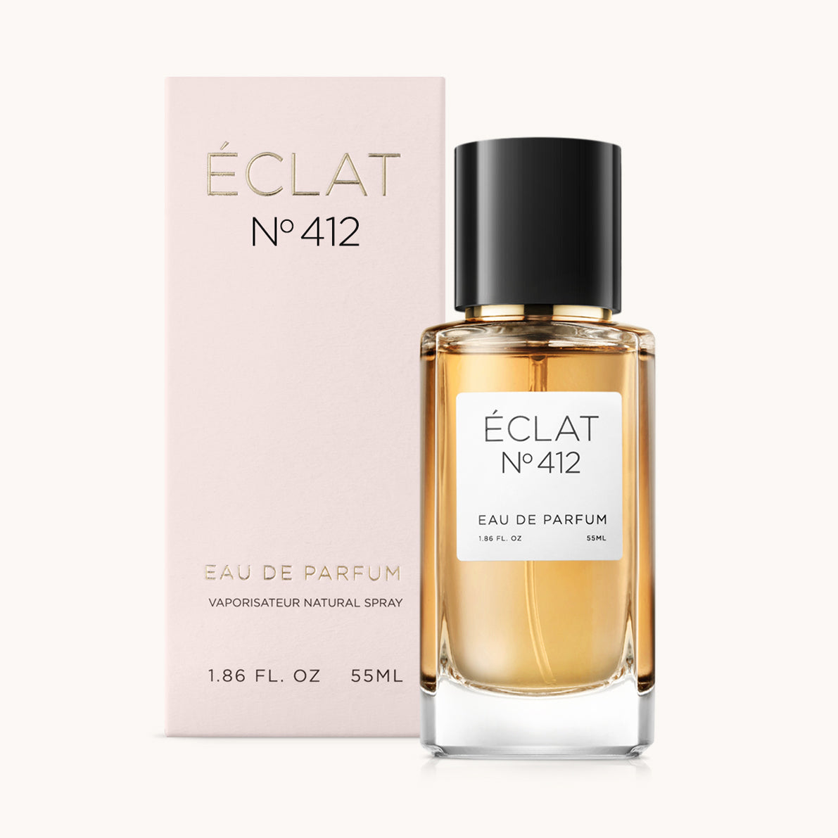 ÉCLAT No. 412 RAR fragrance bottle with matching pink packaging. The elegant glass flacon features a black cylindrical magnetic cap and a simple white label with the inscription ÉCLAT No. 412 RAR and “Eau de Parfum”.