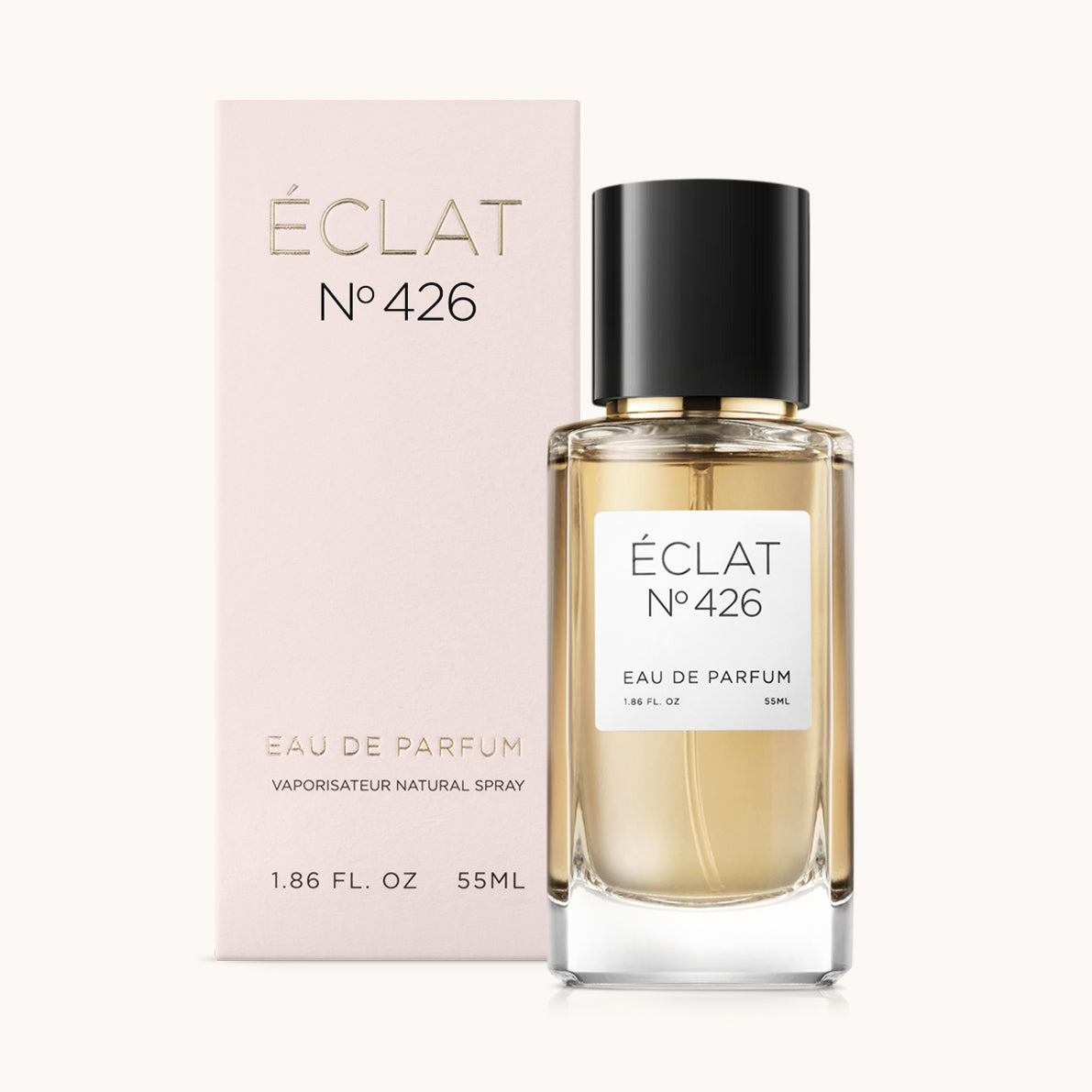 ÉCLAT No. 426 perfume bottle with matching light pink packaging. The elegant glass flacon features a black cylindrical magnetic cap and a simple white label with the inscription ÉCLAT No. 426 and “Eau de Parfum”.