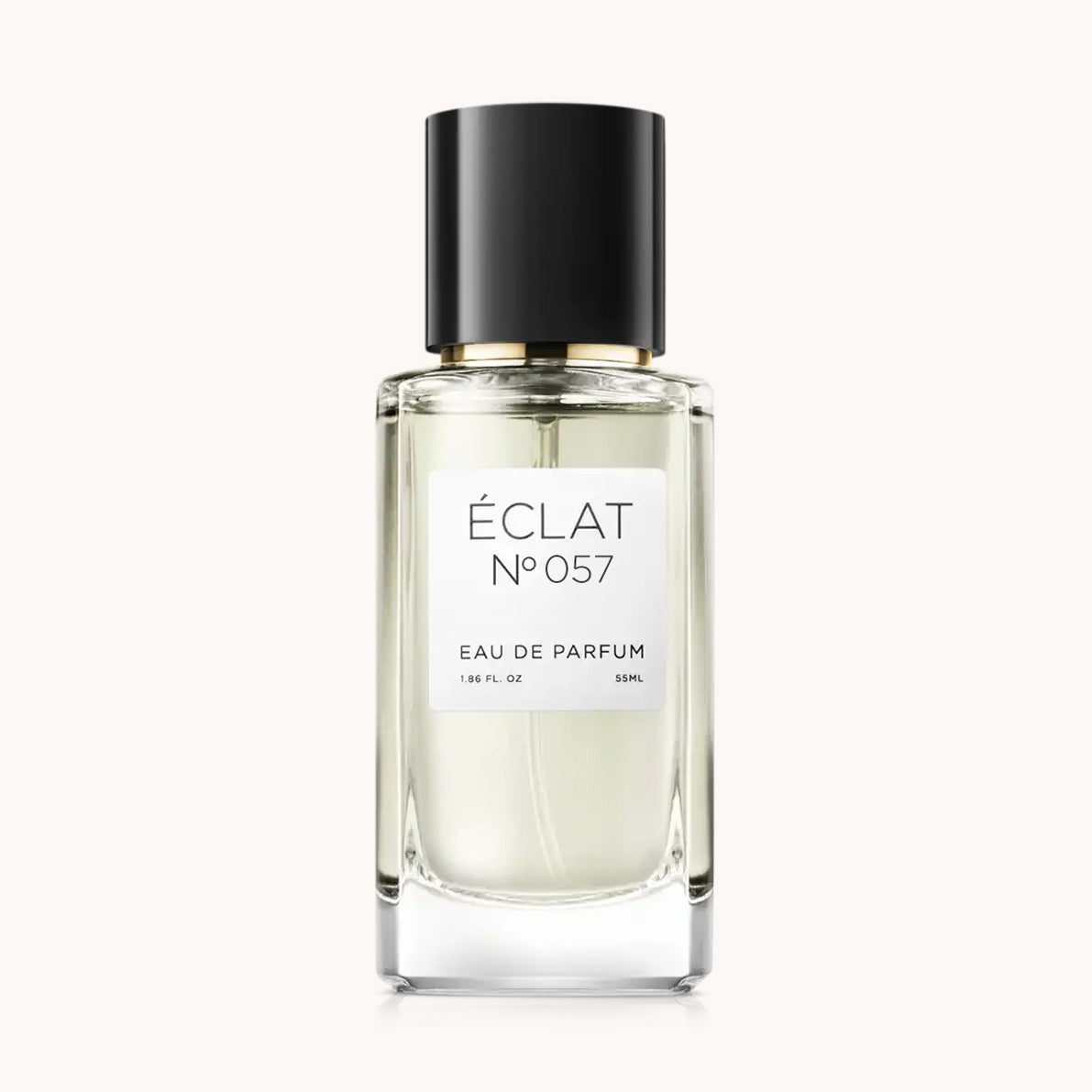 Flacon of the women's perfume dupe ÉCLAT No. 057, an elegant transparent glass bottle with a black cylindrical magnetic cap and a white label. The label features the brand name ÉCLAT, the number 057, and the words “Eau de Parfum”.