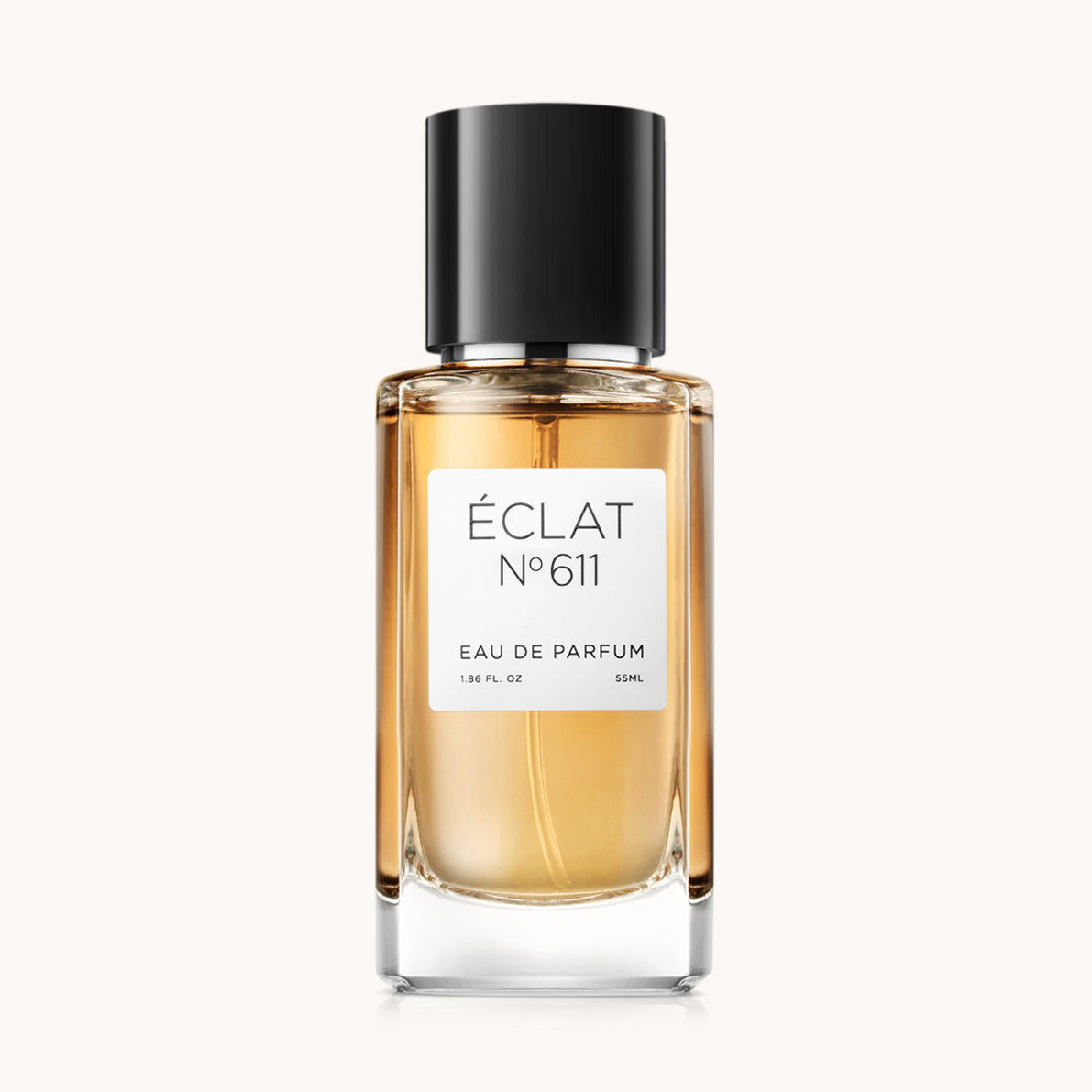 Flacon of the men’s perfume dupe ÉCLAT No. 611, an elegant transparent glass bottle with a black cylindrical magnetic cap and a minimalist white label. The label displays the brand name ÉCLAT, the number 611, and the phrase “Eau de Parfum”.