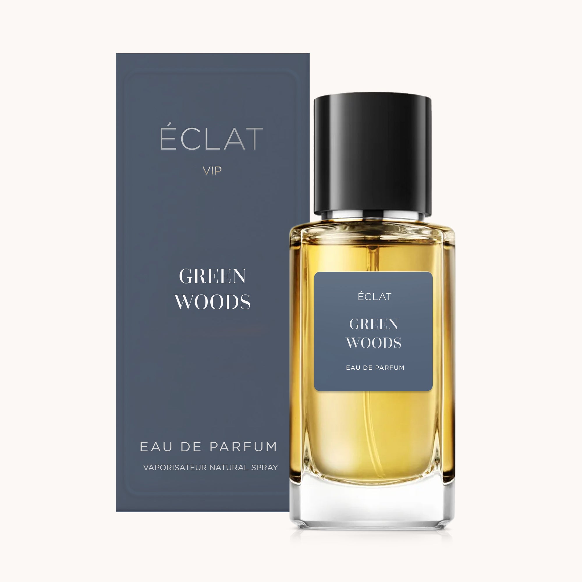 Eleganter Glasflakon von ÉCLAT Green Woods VIP mit schlanker schwarzer Kappe, begleitet von einer edlen dunkelgrauen Box.