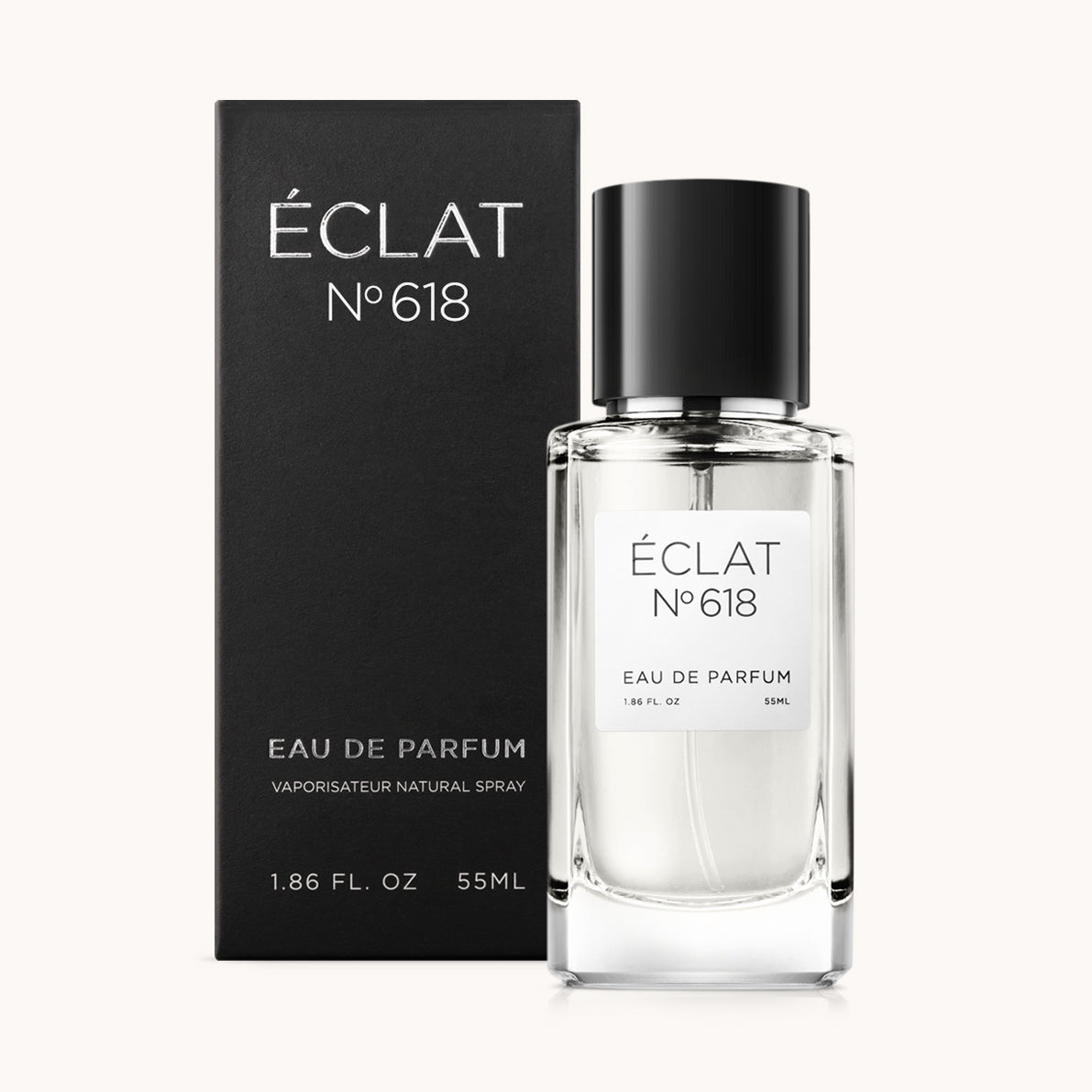 ÉCLAT No. 618 men’s perfume bottle with matching black packaging. The elegant flacon features a black cylindrical magnetic cap and a clean white label with the inscription ÉCLAT No. 618 and “Eau de Parfum”.