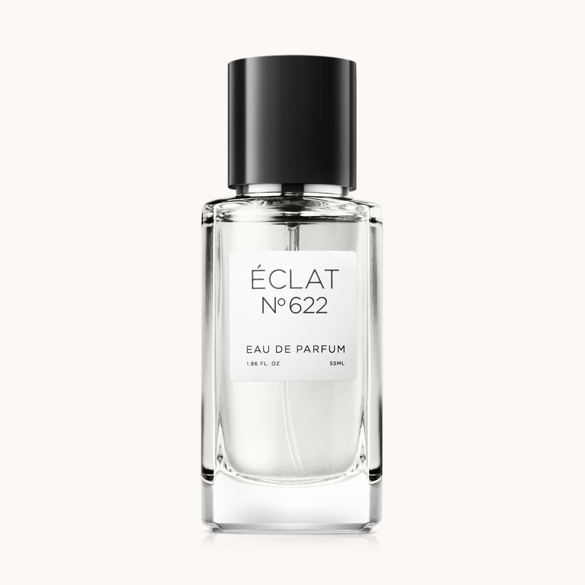 Flacon of the men’s perfume dupe ÉCLAT No. 622 RAR, an elegant transparent glass bottle with a black cylindrical magnetic cap and a minimalist white label. The label displays the brand name ÉCLAT, the number 622 RAR, and the phrase “Eau de Parfum”.