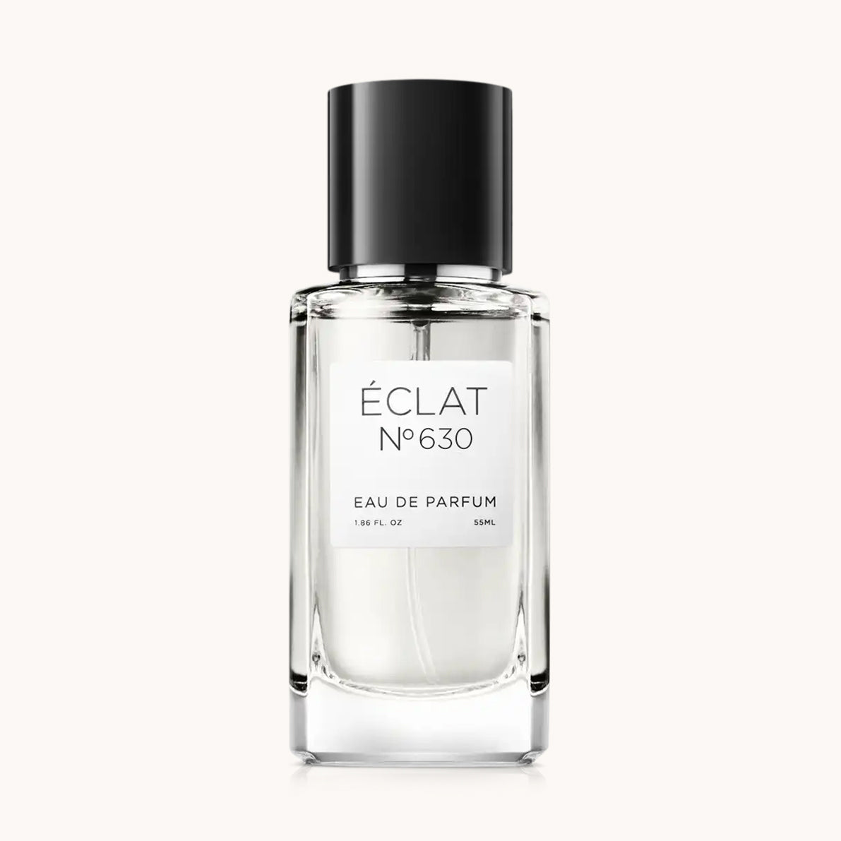 Flacon of the men’s perfume dupe ÉCLAT No. 630, an elegant transparent glass bottle with a black cylindrical magnetic cap and a minimalist white label. The label displays the brand name ÉCLAT, the number 630, and the phrase “Eau de Parfum”.