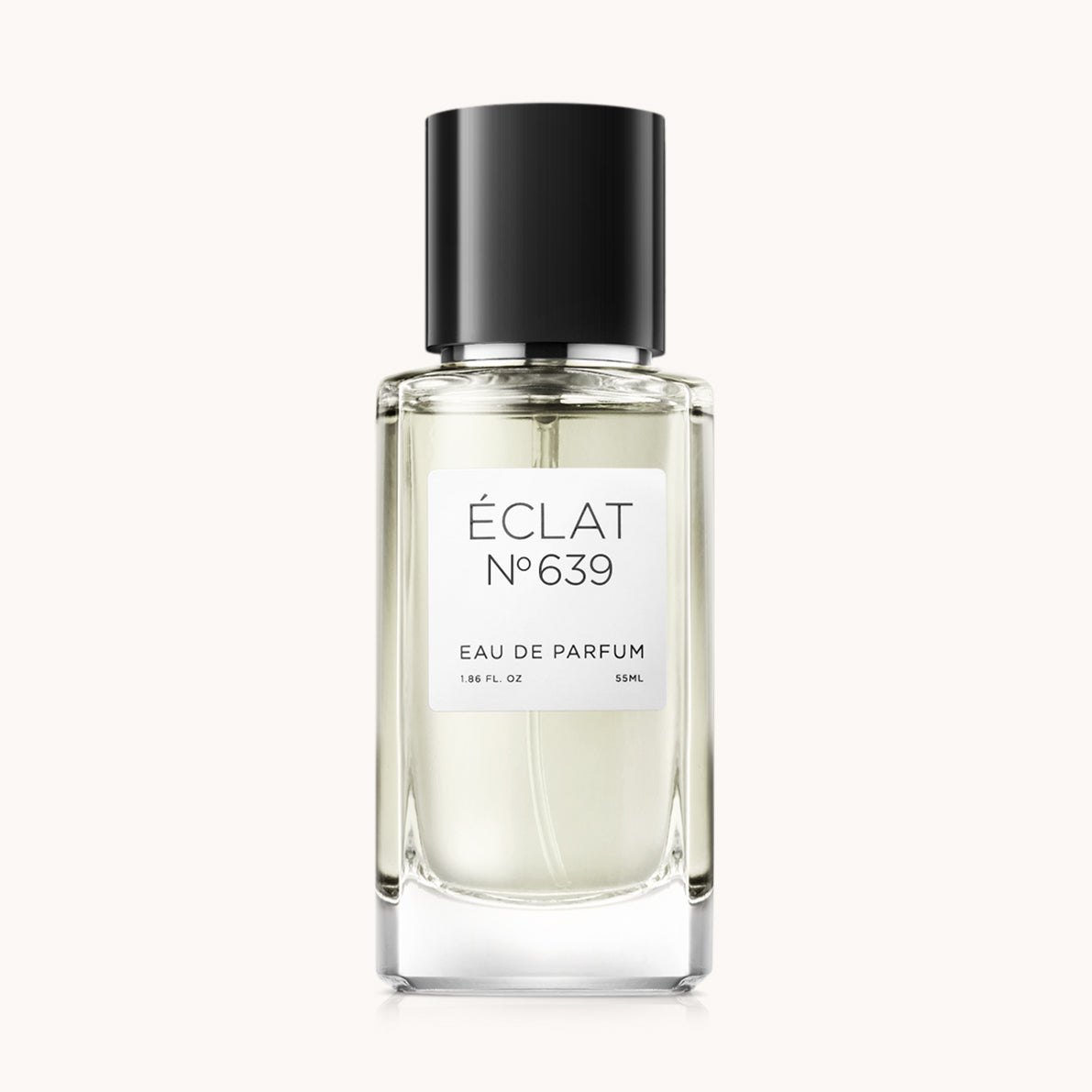 Flacon of the men’s perfume dupe ÉCLAT No. 639, an elegant transparent glass bottle with a black cylindrical magnetic cap and a minimalist white label. The label displays the brand name ÉCLAT, the number 639, and the phrase “Eau de Parfum”.