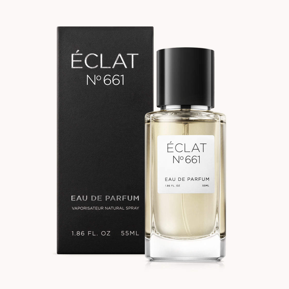 ÉCLAT No. 661 men’s perfume bottle with matching black packaging. The elegant flacon features a black cylindrical magnetic cap and a clean white label with the inscription ÉCLAT No. 661 and “Eau de Parfum”.