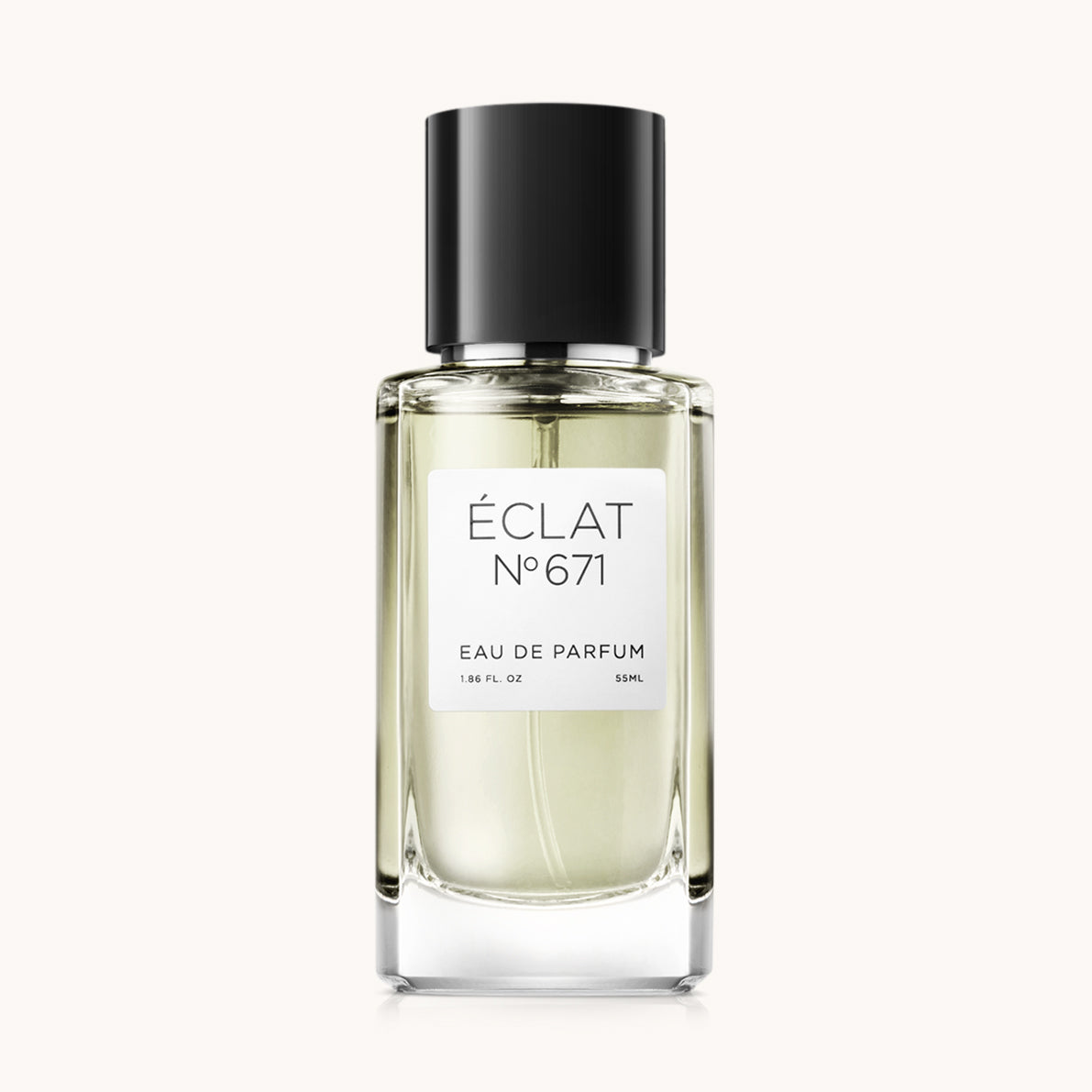 Flacon of the men’s perfume dupe ÉCLAT No. 671, an elegant transparent glass bottle with a black cylindrical magnetic cap and a minimalist white label. The label displays the brand name ÉCLAT, the number 671, and the phrase “Eau de Parfum”.