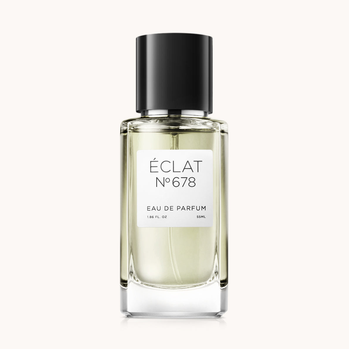 Flacon of the men’s perfume dupe ÉCLAT No. 678 RAR, an elegant transparent glass bottle with a black cylindrical magnetic cap and a minimalist white label. The label displays the brand name ÉCLAT, the number 678 RAR, and the phrase “Eau de Parfum”.