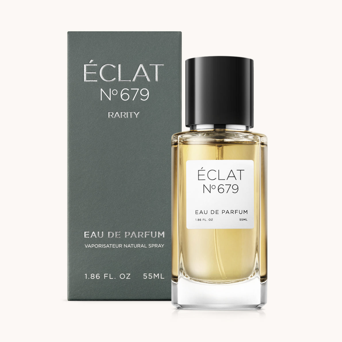 ÉCLAT No. 679 RAR men’s perfume bottle with matching green packaging. The elegant flacon features a black cylindrical magnetic cap and a clean white label with the inscription ÉCLAT No. 679 RAR and “Eau de Parfum”.