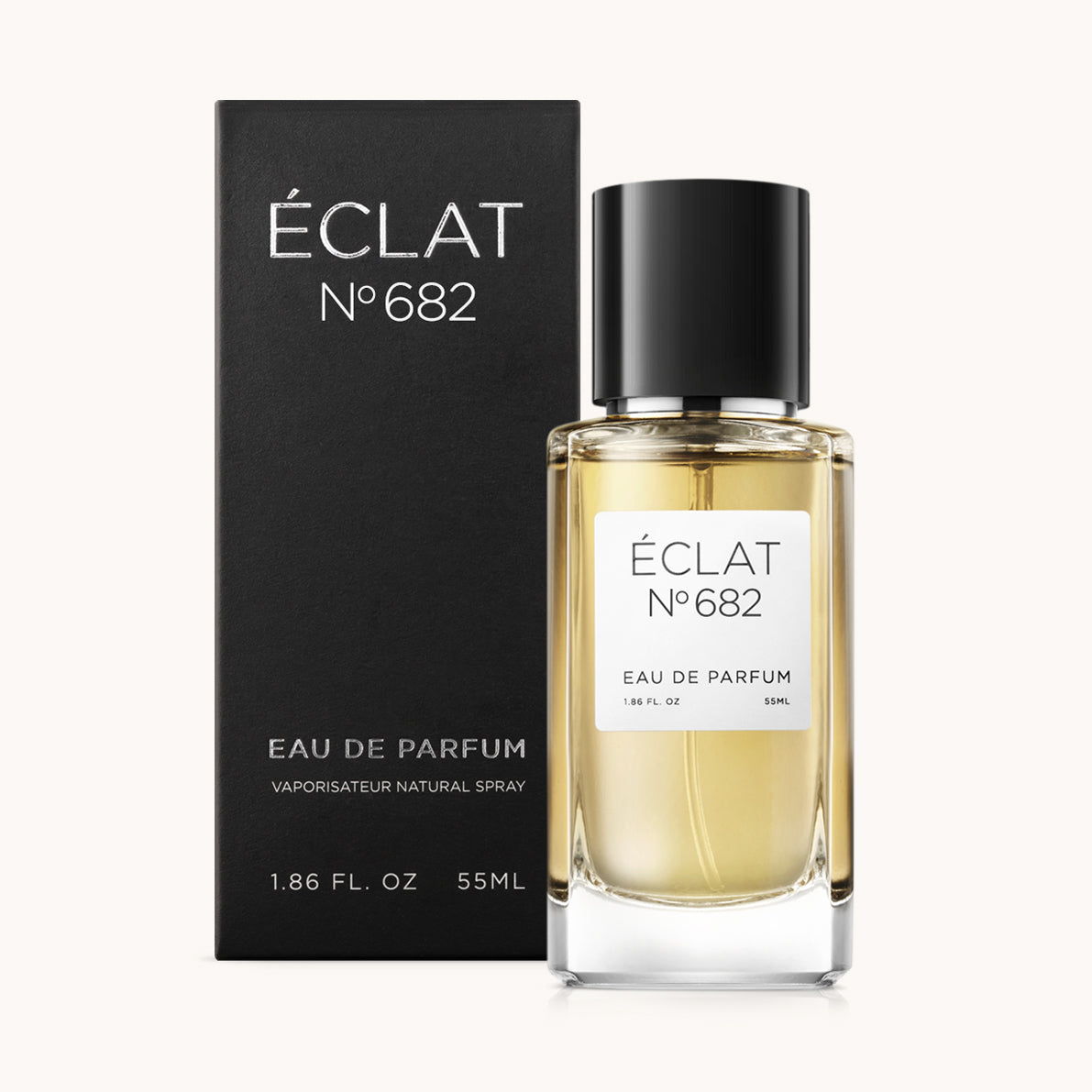 ÉCLAT No. 682 men’s perfume bottle with matching black packaging. The elegant flacon features a black cylindrical magnetic cap and a clean white label with the inscription ÉCLAT No. 682 and “Eau de Parfum”.