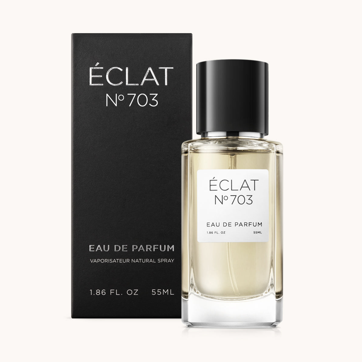 ÉCLAT No. 703 men’s perfume bottle with matching black packaging. The elegant flacon features a black cylindrical magnetic cap and a clean white label with the inscription ÉCLAT No. 703 and “Eau de Parfum”.