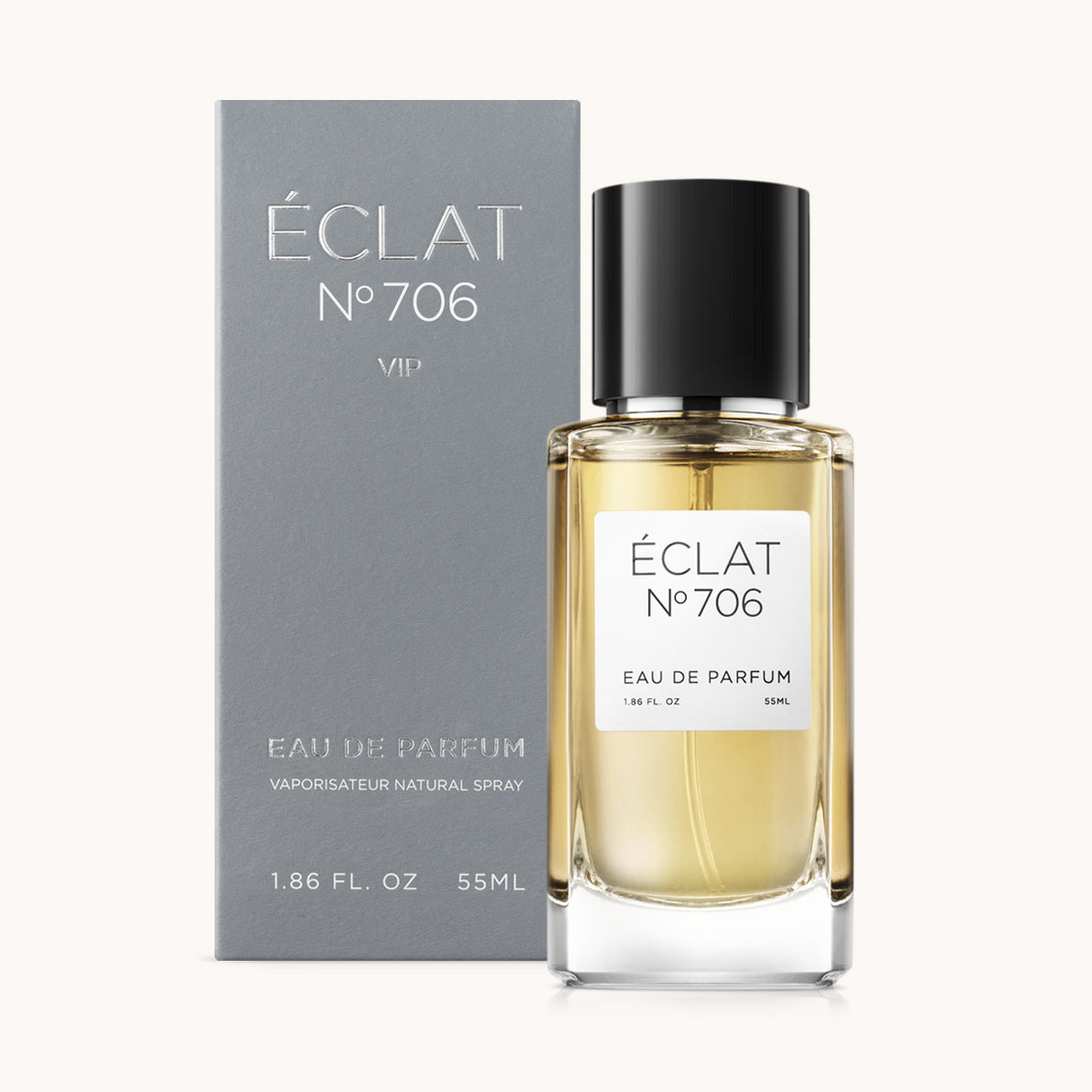 ÉCLAT No. 706 VIP men’s perfume bottle with matching bluish-grey packaging. The elegant flacon features a black cylindrical magnetic cap and a clean white label with the inscription ÉCLAT No. 706 VIP and “Eau de Parfum”.