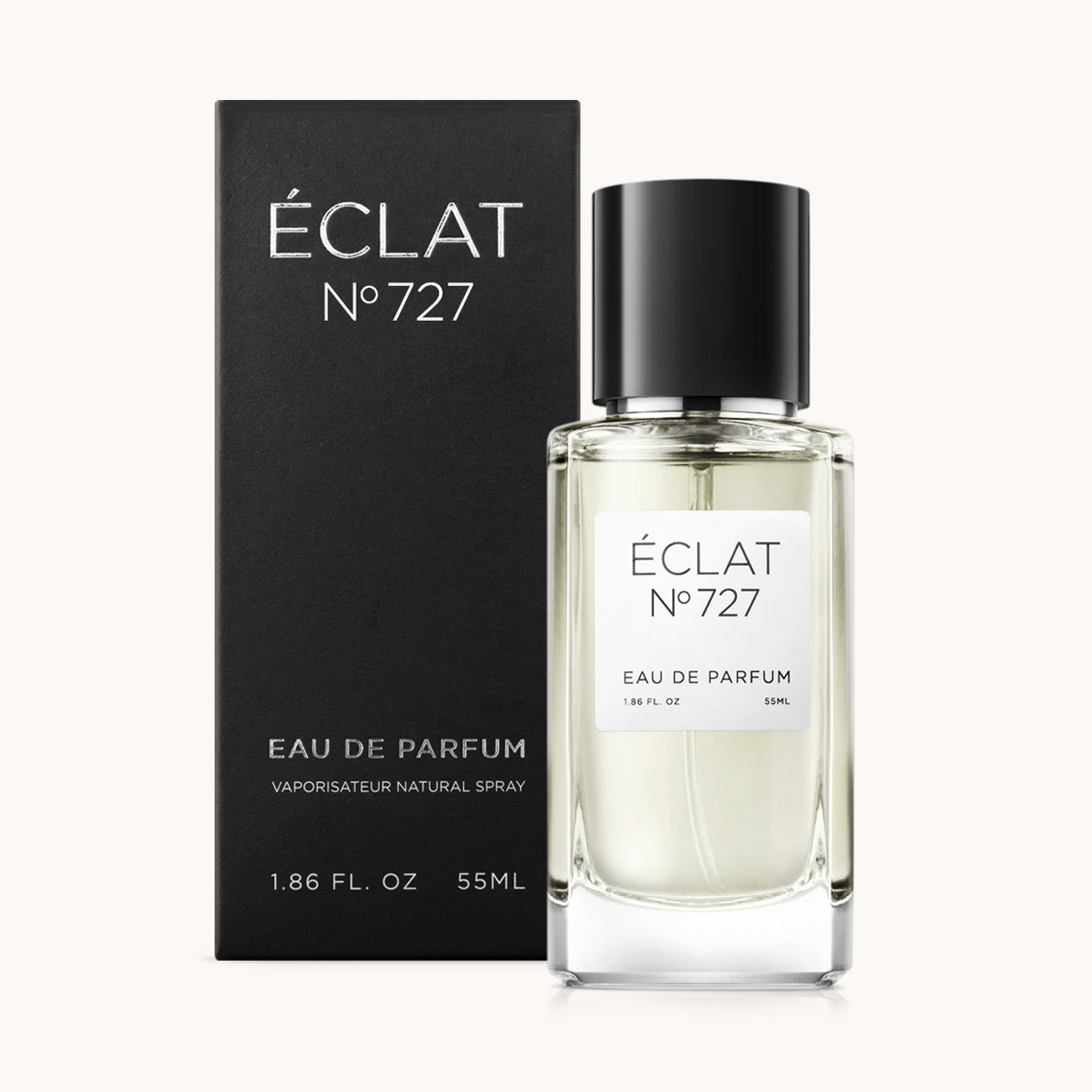Flacon of the men’s fragrance dupe ÉCLAT No. 727, an elegant transparent glass bottle with a black cylindrical magnetic cap and a minimalist white label. The label displays the brand name ÉCLAT, the number 727, and the phrase “Eau de Parfum”.