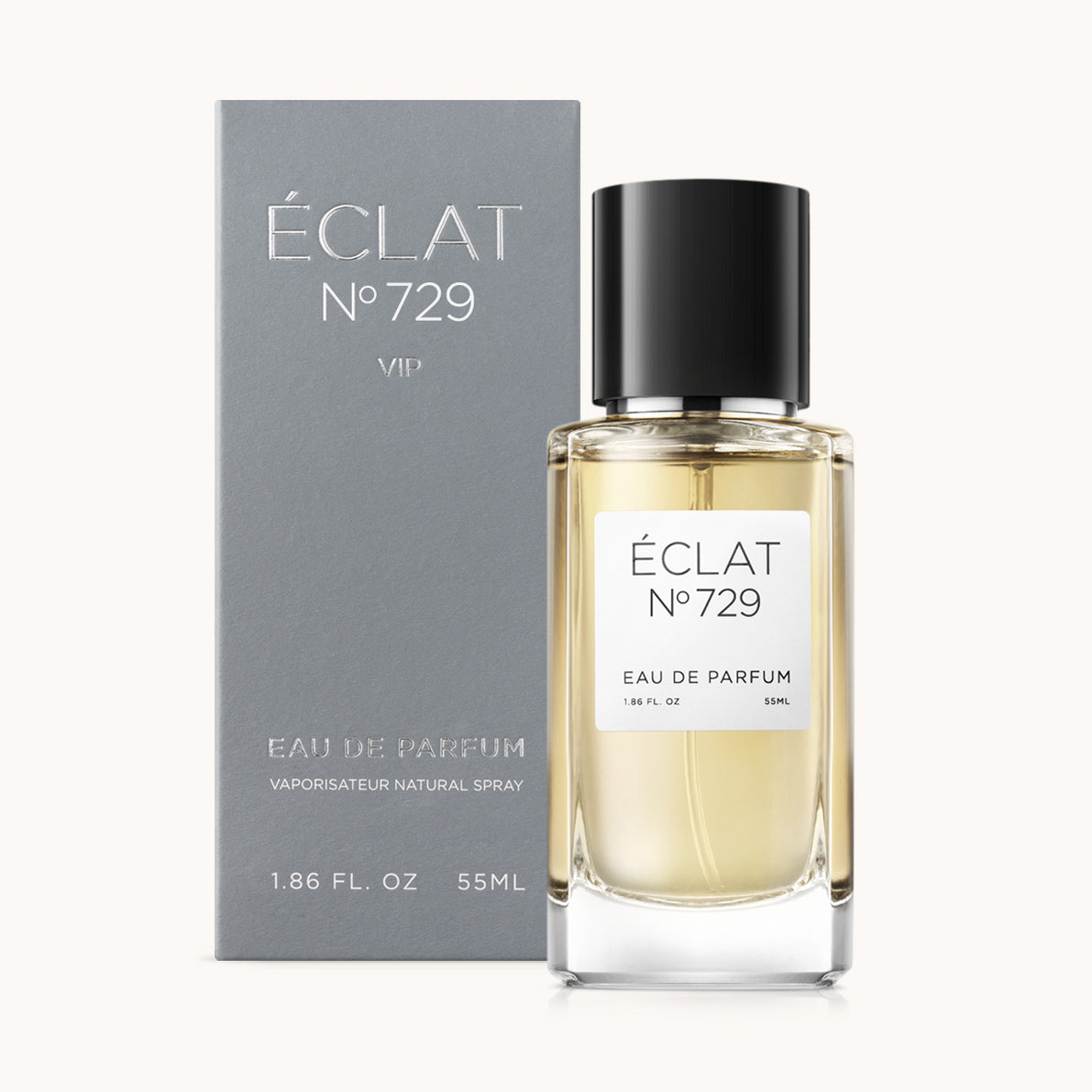 Flacon of the men’s perfume dupe ÉCLAT No. 729 VIP, an elegant transparent glass bottle with a black cylindrical magnetic cap and a minimalist white label. The label displays the brand name ÉCLAT, the number 729 VIP, and the phrase “Eau de Parfum”.