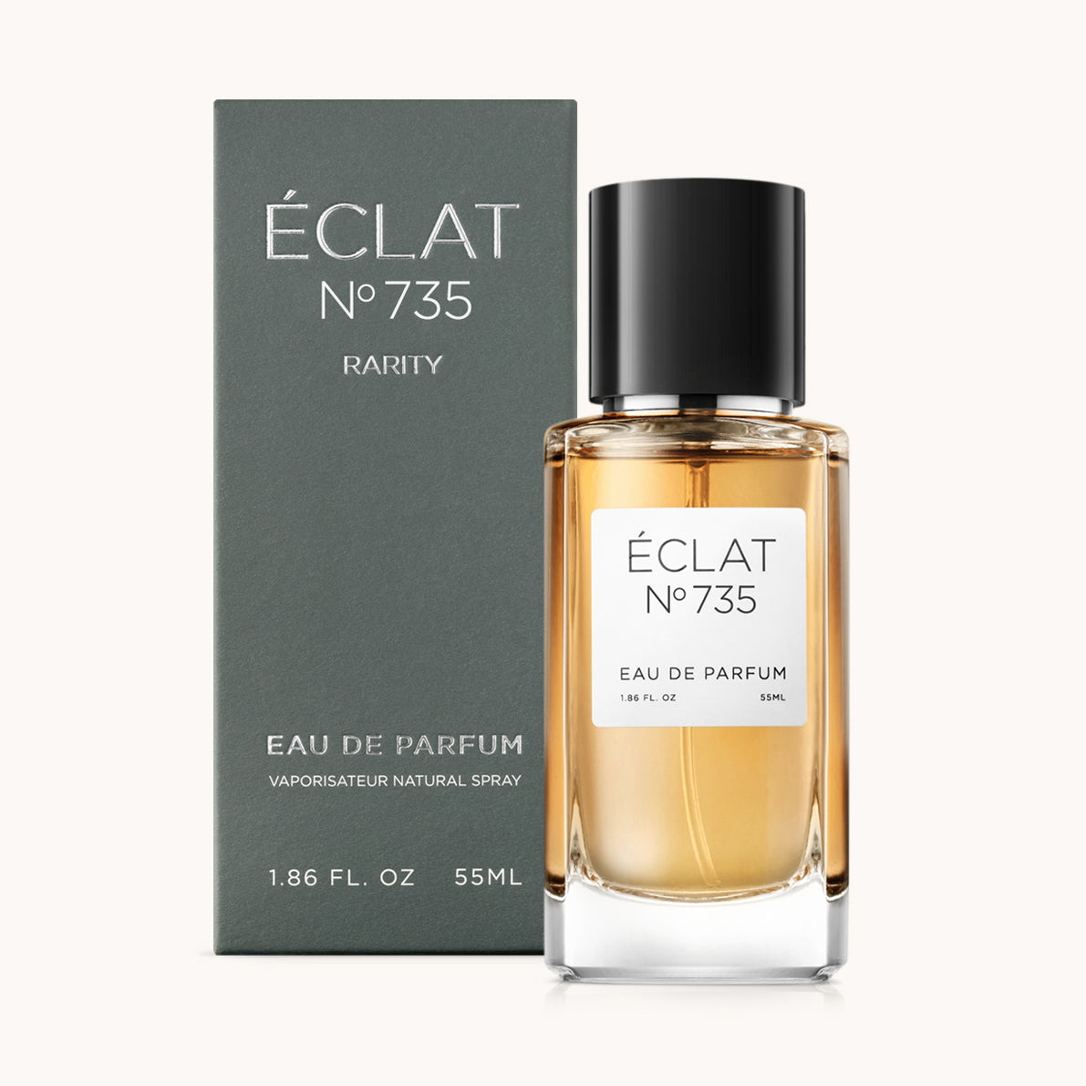 Flacon of the men’s perfume dupe ÉCLAT No. 735 RAR, an elegant transparent glass bottle with a black cylindrical magnetic cap and a minimalist white label. The label displays the brand name ÉCLAT, the number 735 RAR, and the phrase “Eau de Parfum”.