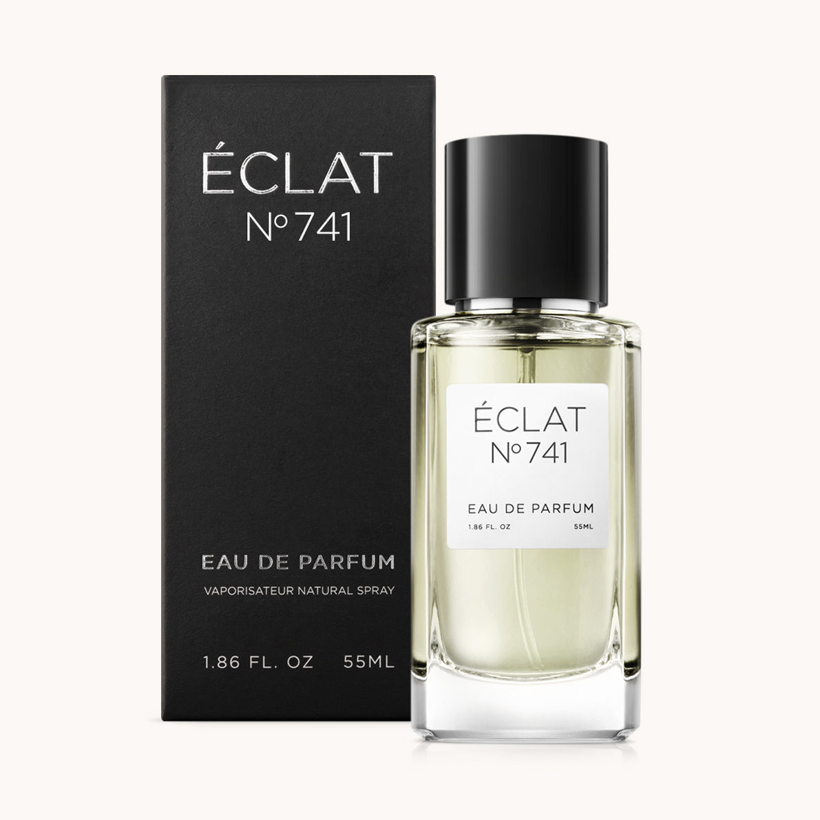 Flacon of the men’s perfume dupe ÉCLAT No. 741, an elegant transparent glass bottle with a black cylindrical magnetic cap and a minimalist white label. The label displays the brand name ÉCLAT, the number 741, and the phrase “Eau de Parfum”.