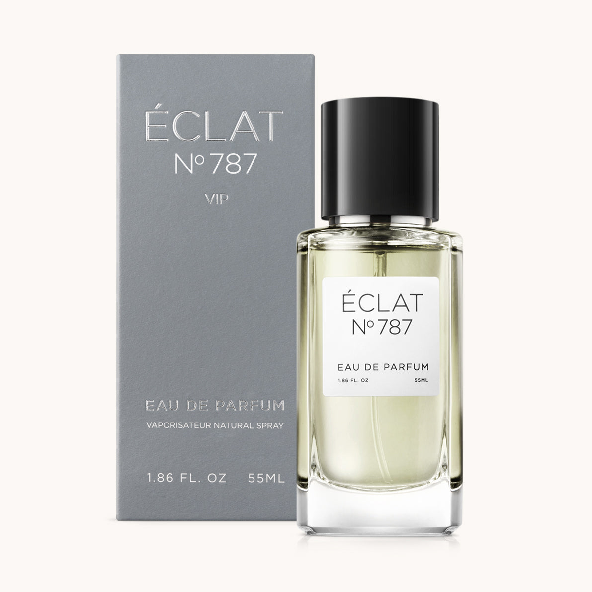 ÉCLAT No. 787 VIP men’s perfume bottle with matching bluish-grey packaging. The elegant flacon features a black cylindrical magnetic cap and a clean white label with the inscription ÉCLAT No. 787 VIP and “Eau de Parfum”.