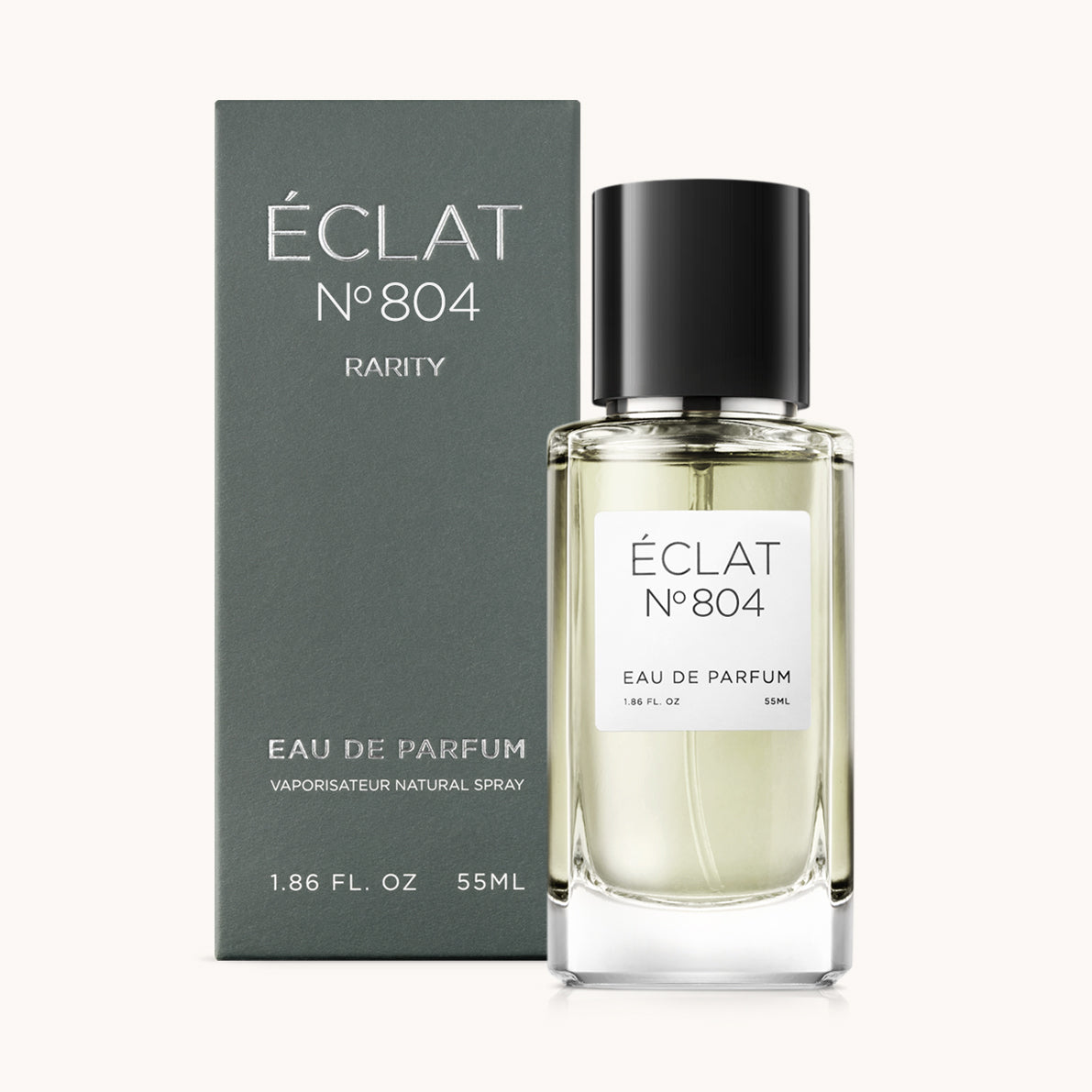 ÉCLAT No. 804 RAR men’s fragrance bottle with matching green packaging. The elegant flacon features a black cylindrical magnetic cap and a clean white label with the inscription ÉCLAT No. 804 RAR and “Eau de Parfum”.