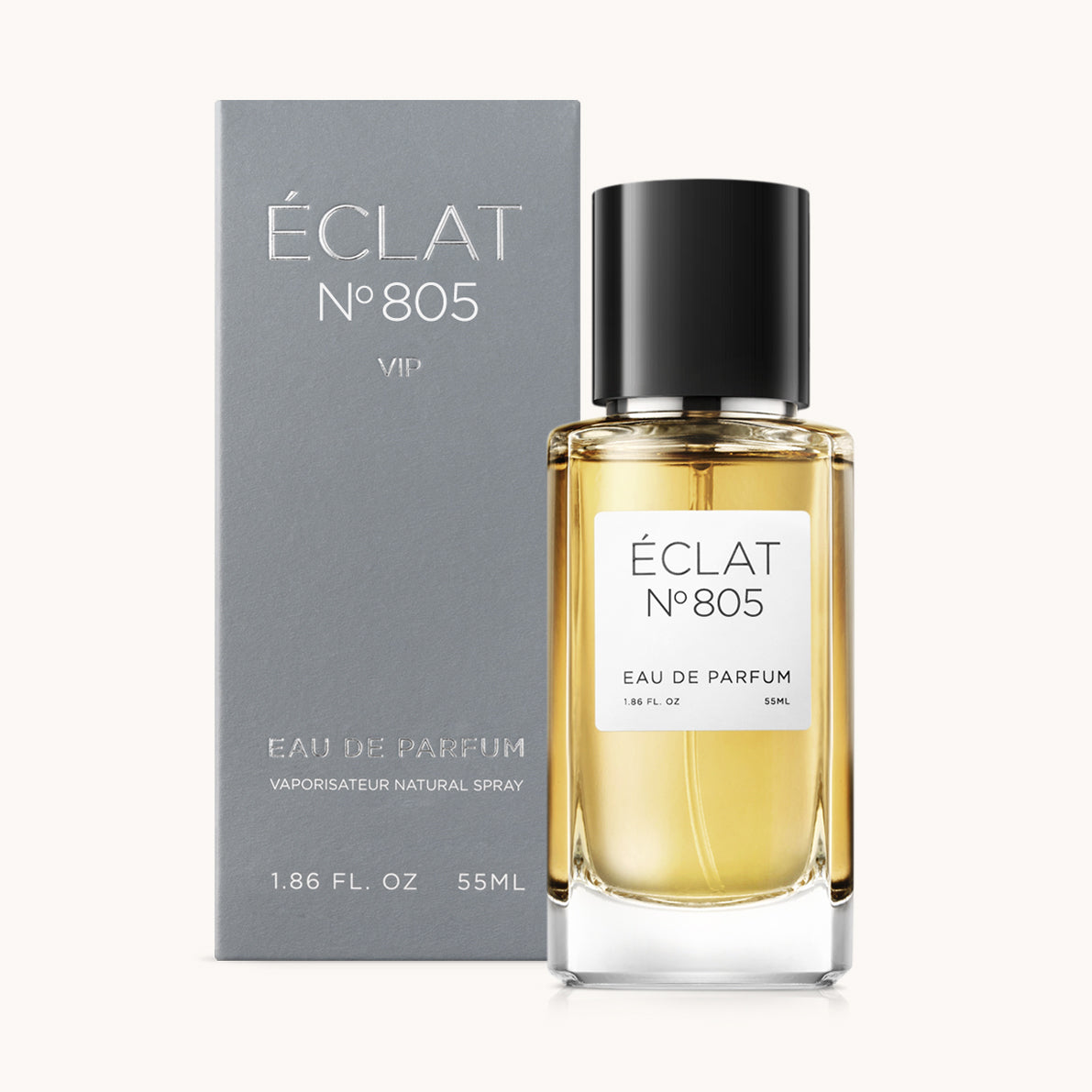 ÉCLAT No. 805 VIP men’s fragrance bottle with matching bluish-grey packaging. The elegant flacon features a black cylindrical magnetic cap and a clean white label with the inscription ÉCLAT No. 805 VIP and “Eau de Parfum”.